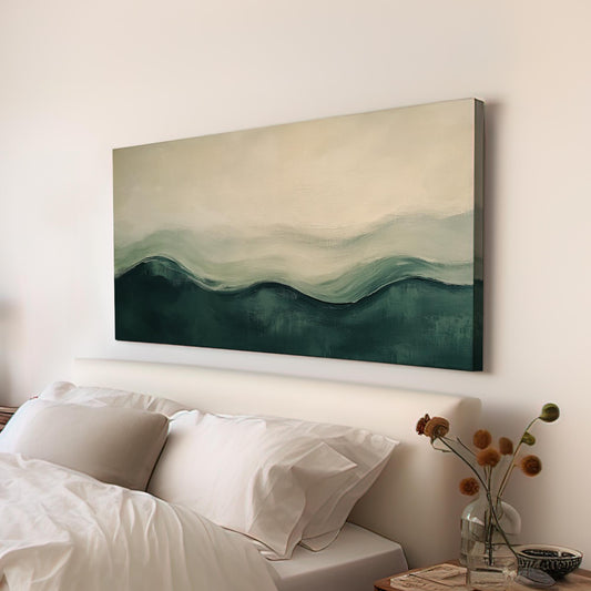 Serene Landscape Canvas Art | Impasto Impressionism Print | Biophilic Wall Art For Living Room | Sage Green and Charcoal Art Horizontal Art