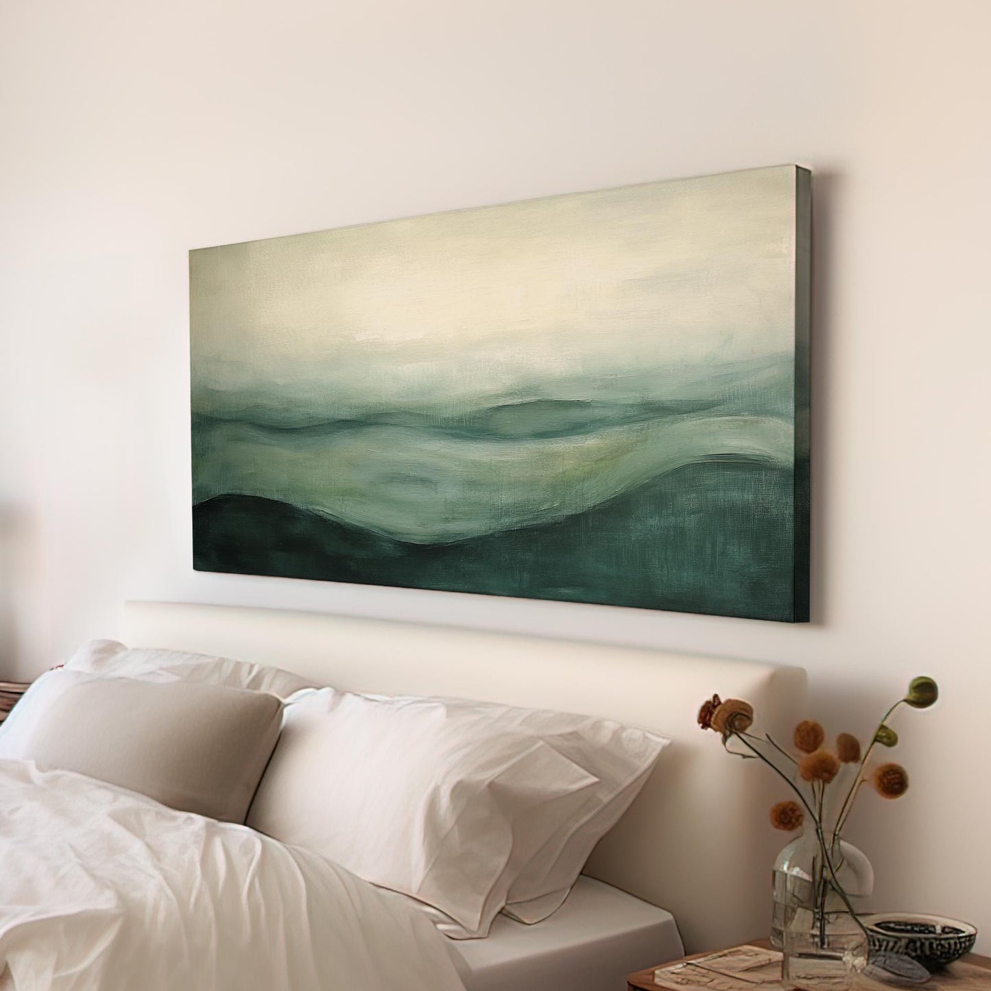 Serene Landscape Canvas Art | Impasto Brushstroke Print | Biophilic Wall Art For Living Room | Sage Green and Celadon Art Horizontal Art