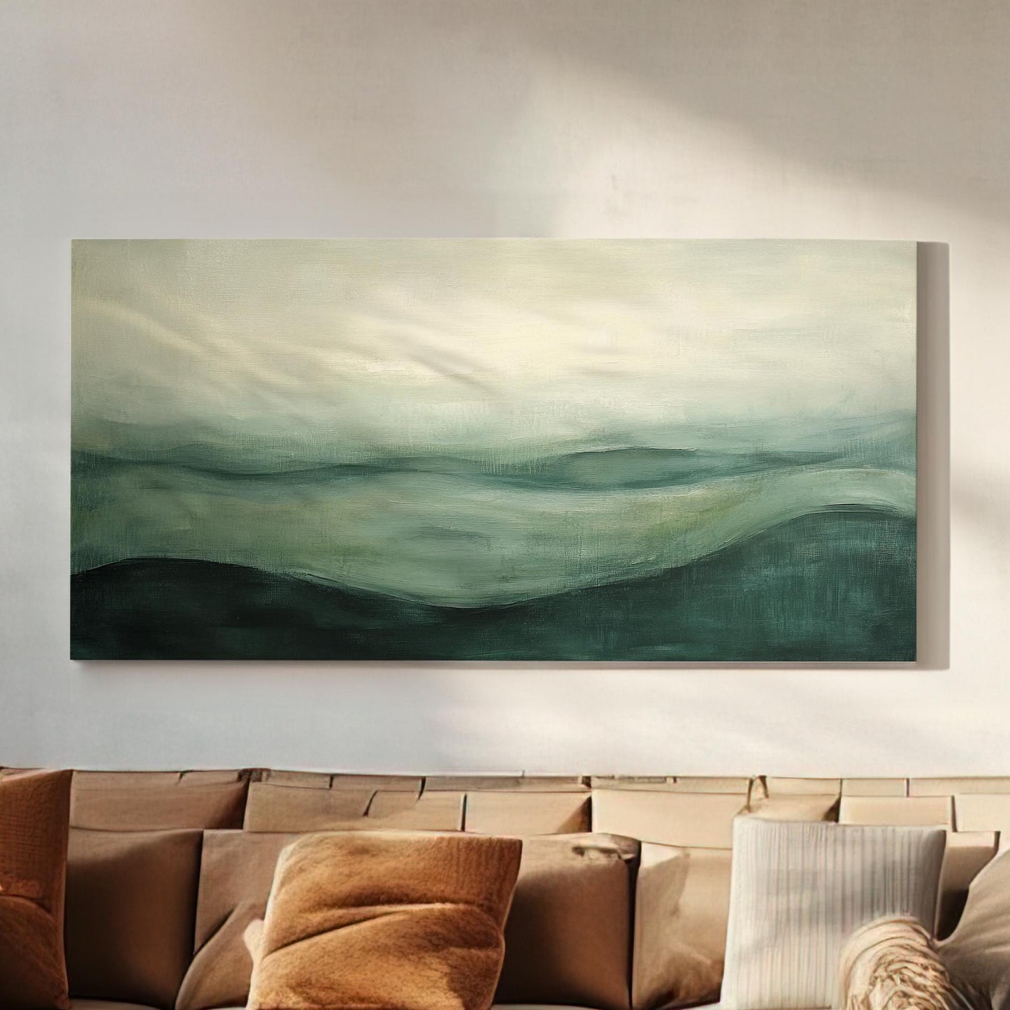Serene Landscape Canvas Art | Impasto Brushstroke Print | Biophilic Wall Art For Living Room | Sage Green and Celadon Art Horizontal Art