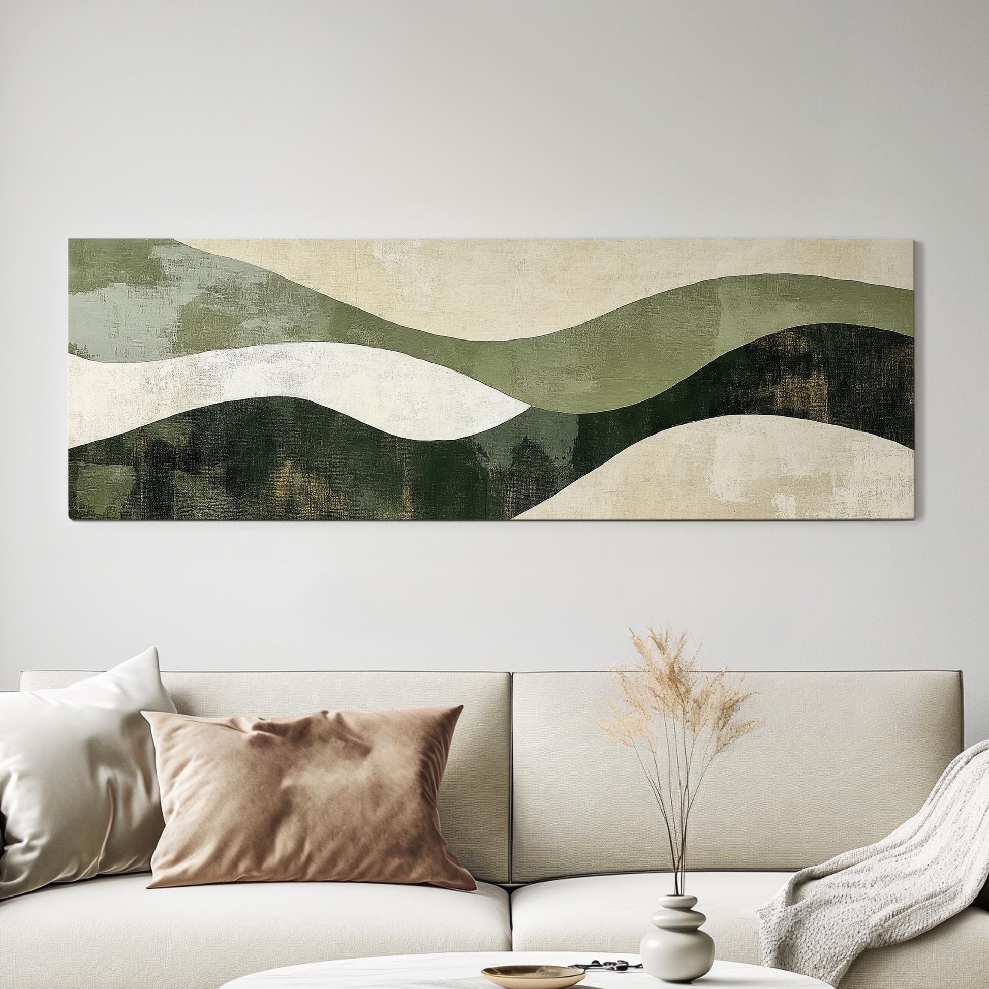Serene Landscape Canvas Art | Abstract Expressionist Print | Biophilic Wall Art For Living Room | Sage Green Oyster Art Panoramic Wall Art
