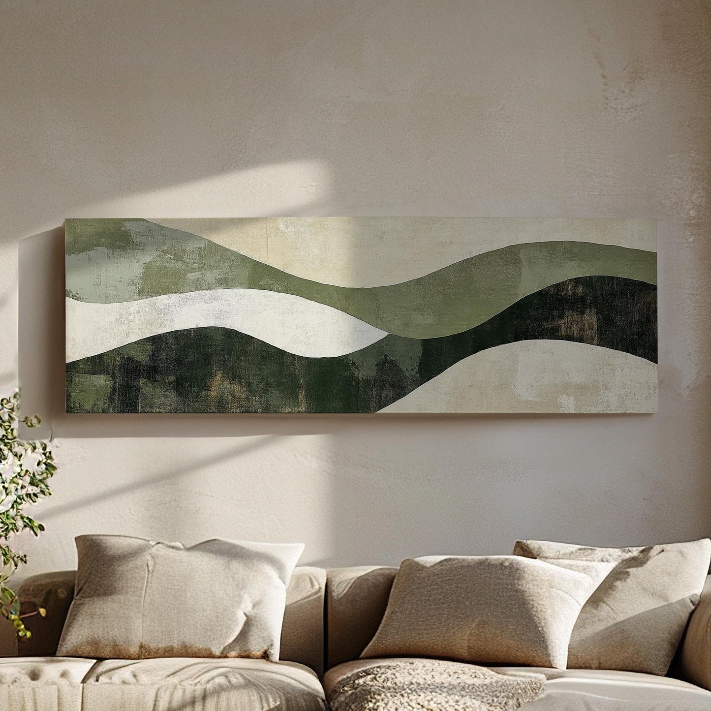 Serene Landscape Canvas Art | Abstract Expressionist Print | Biophilic Wall Art For Living Room | Sage Green Oyster Art Panoramic Wall Art