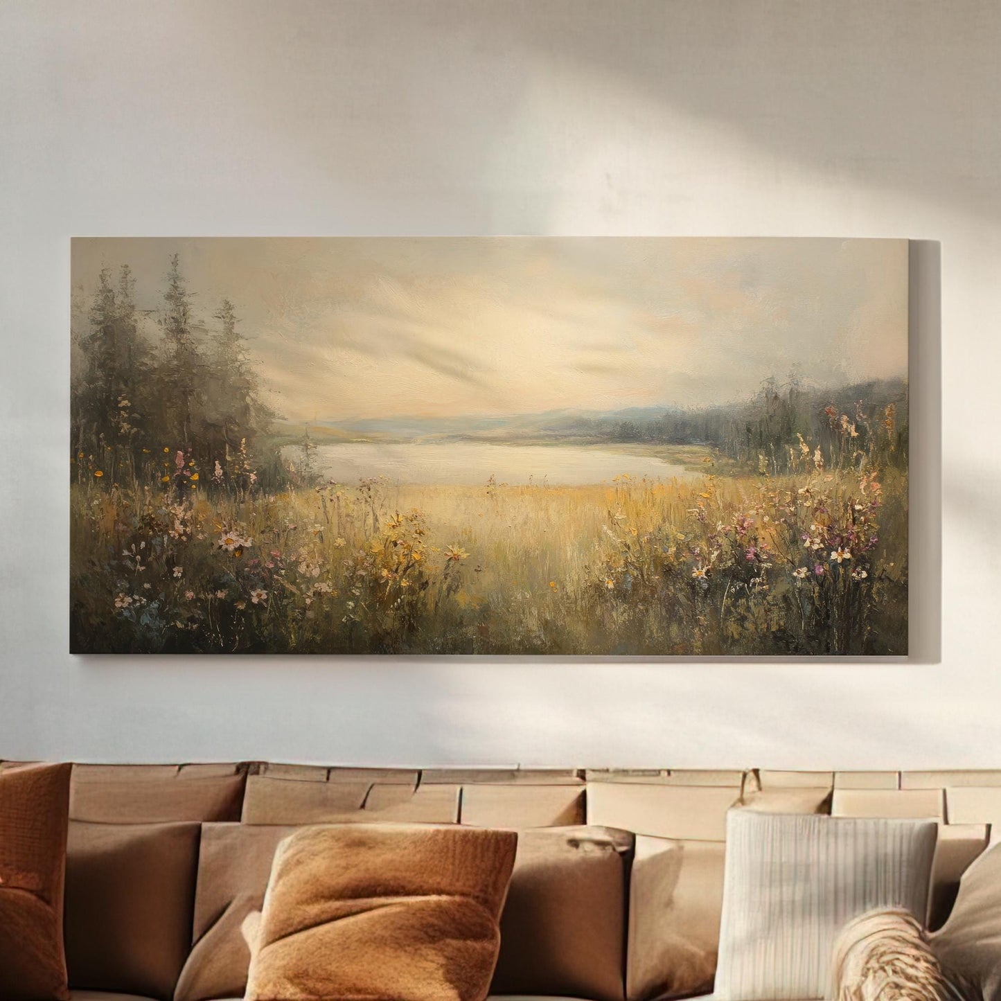 Serene Lakeside Meadow Canvas Art | Impressionist Oil Print | Tranquil Farmhouse Wall Art For Living Room Horizontal Art