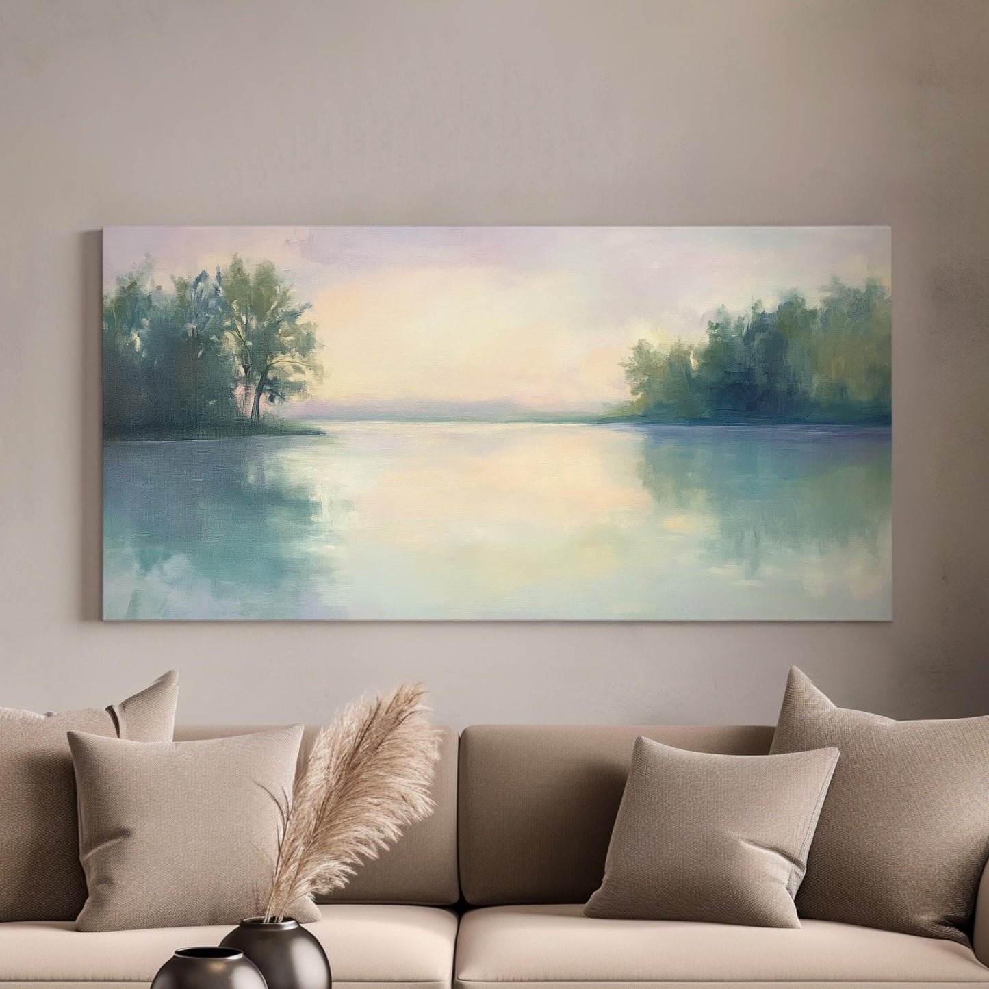 Serene Lakeside Canvas Art | Impressionistic Oil Print | Tranquil Coastal Wall Art For Living Room | Celadon Green Art Horizontal Art