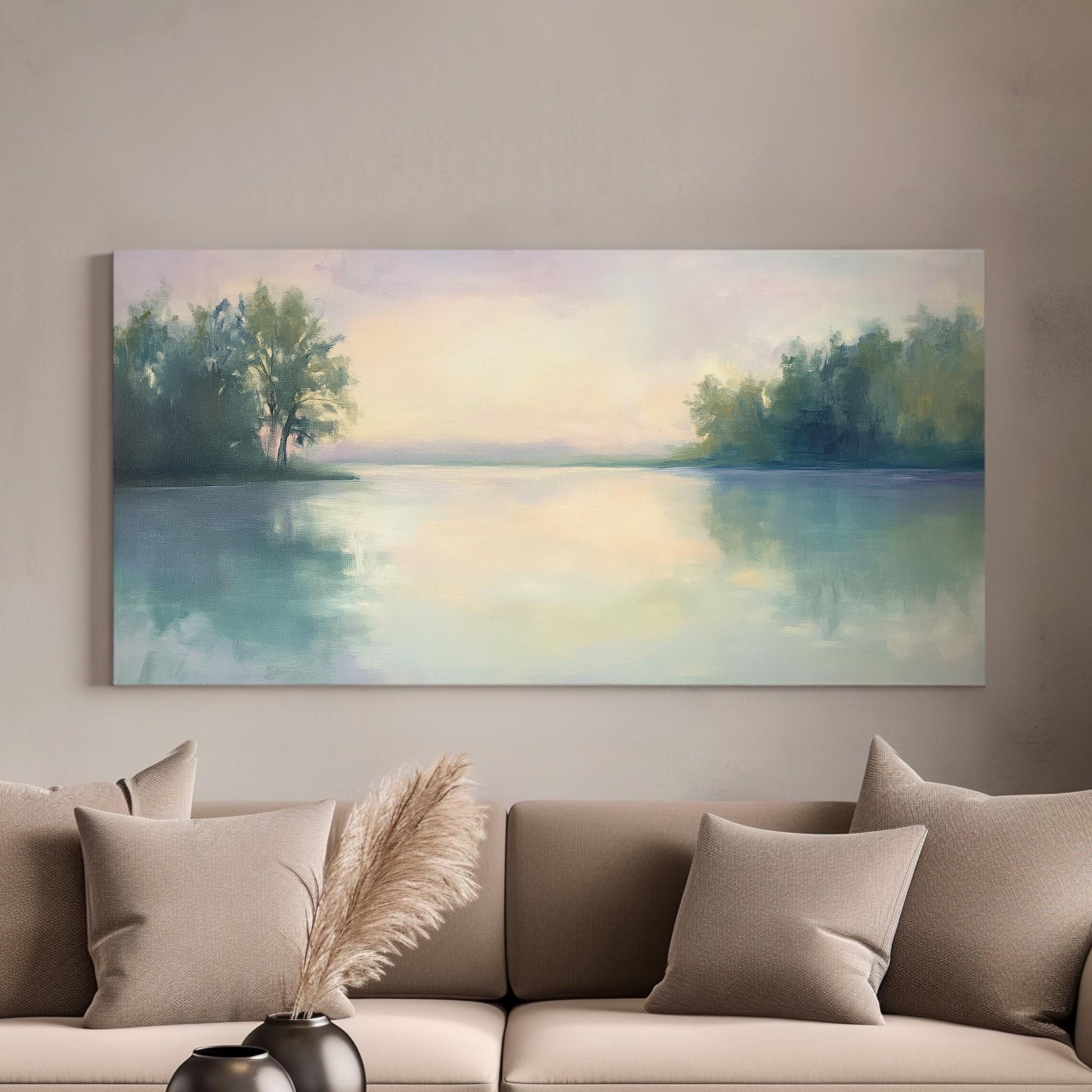 Serene Lakeside Canvas Art | Impressionistic Oil Print | Tranquil Coastal Wall Art For Living Room | Celadon Green Art Horizontal Art