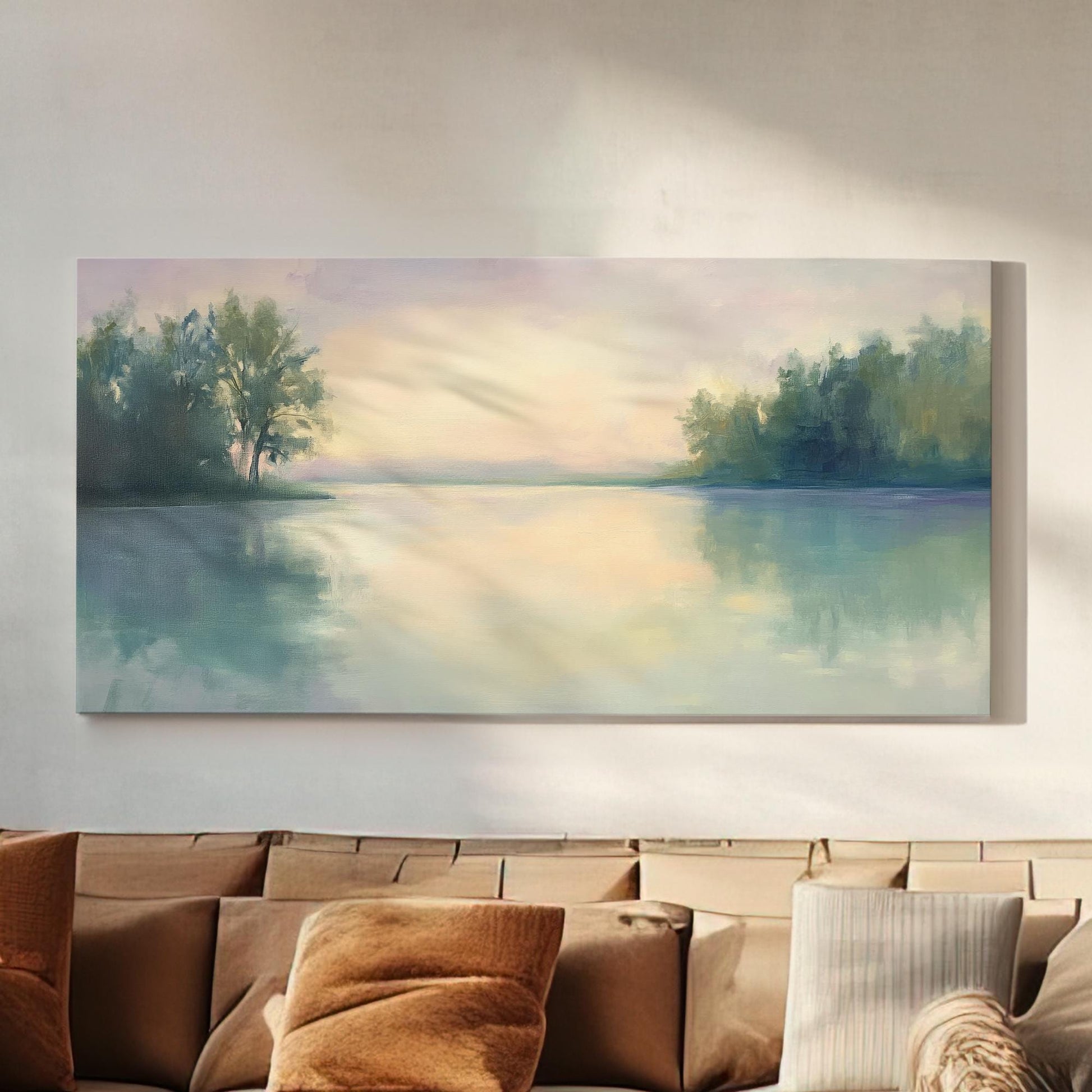Serene Lakeside Canvas Art | Impressionistic Oil Print | Tranquil Coastal Wall Art For Living Room | Celadon Green Art Horizontal Art