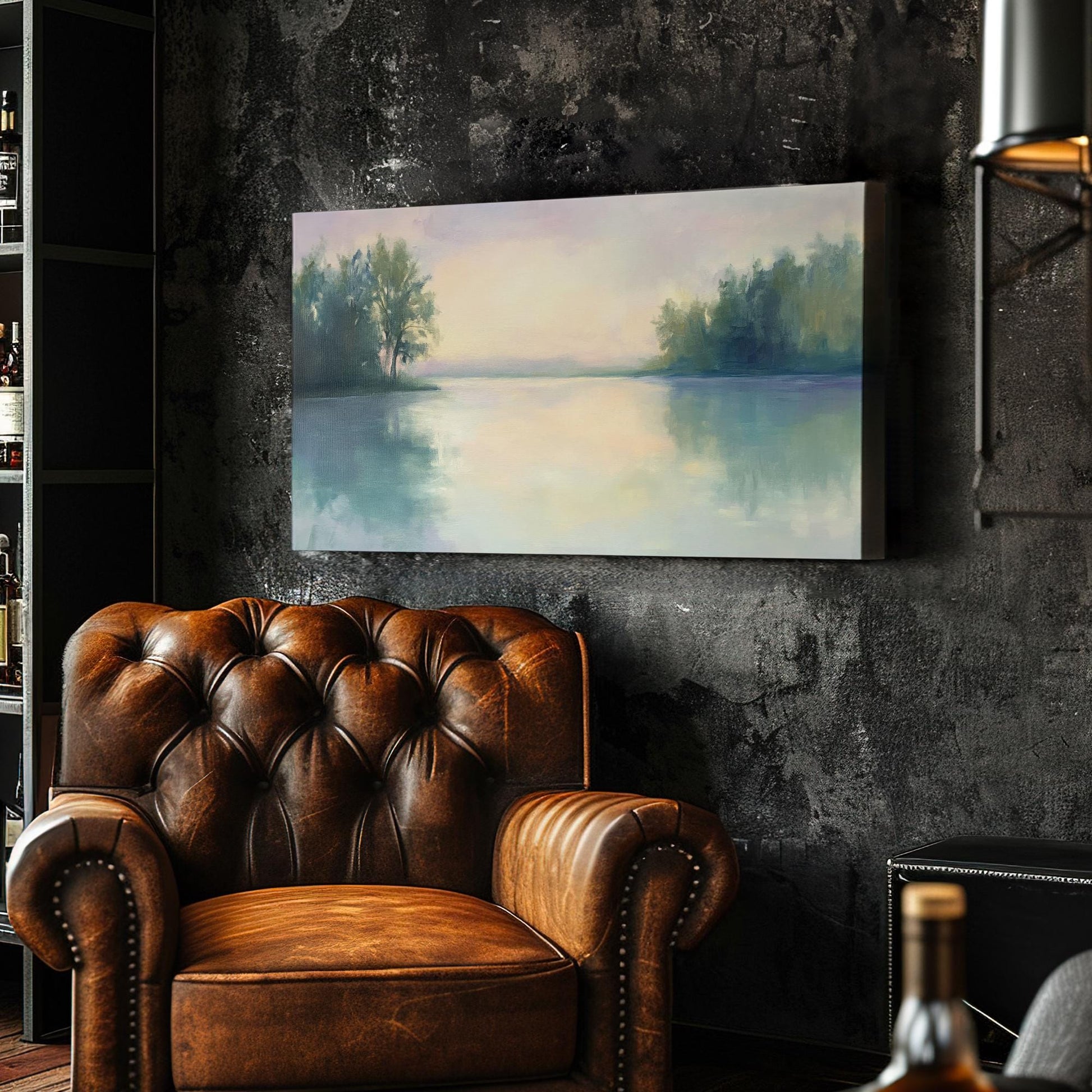 Serene Lakeside Canvas Art | Impressionistic Oil Print | Tranquil Coastal Wall Art For Living Room | Celadon Green Art Horizontal Art