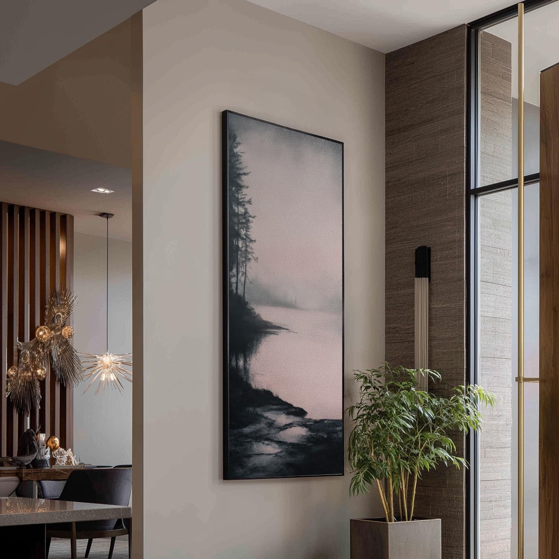 Serene Lakeshore Canvas Art | Subtle Impressionism Print | Tranquil Scandinavian Wall Art For Living Room Long Vertical Art