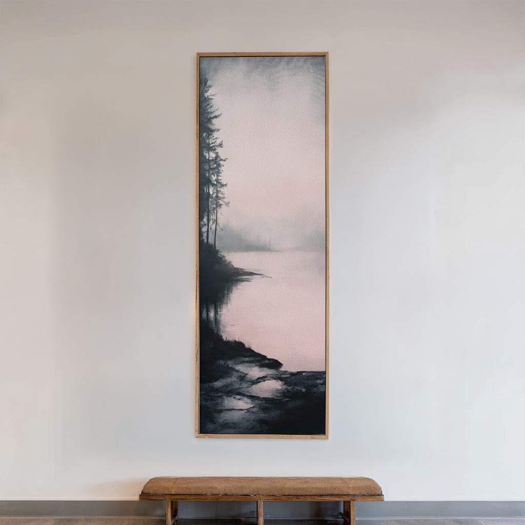 Serene Lakeshore Canvas Art | Subtle Impressionism Print | Tranquil Scandinavian Wall Art For Living Room Long Vertical Art