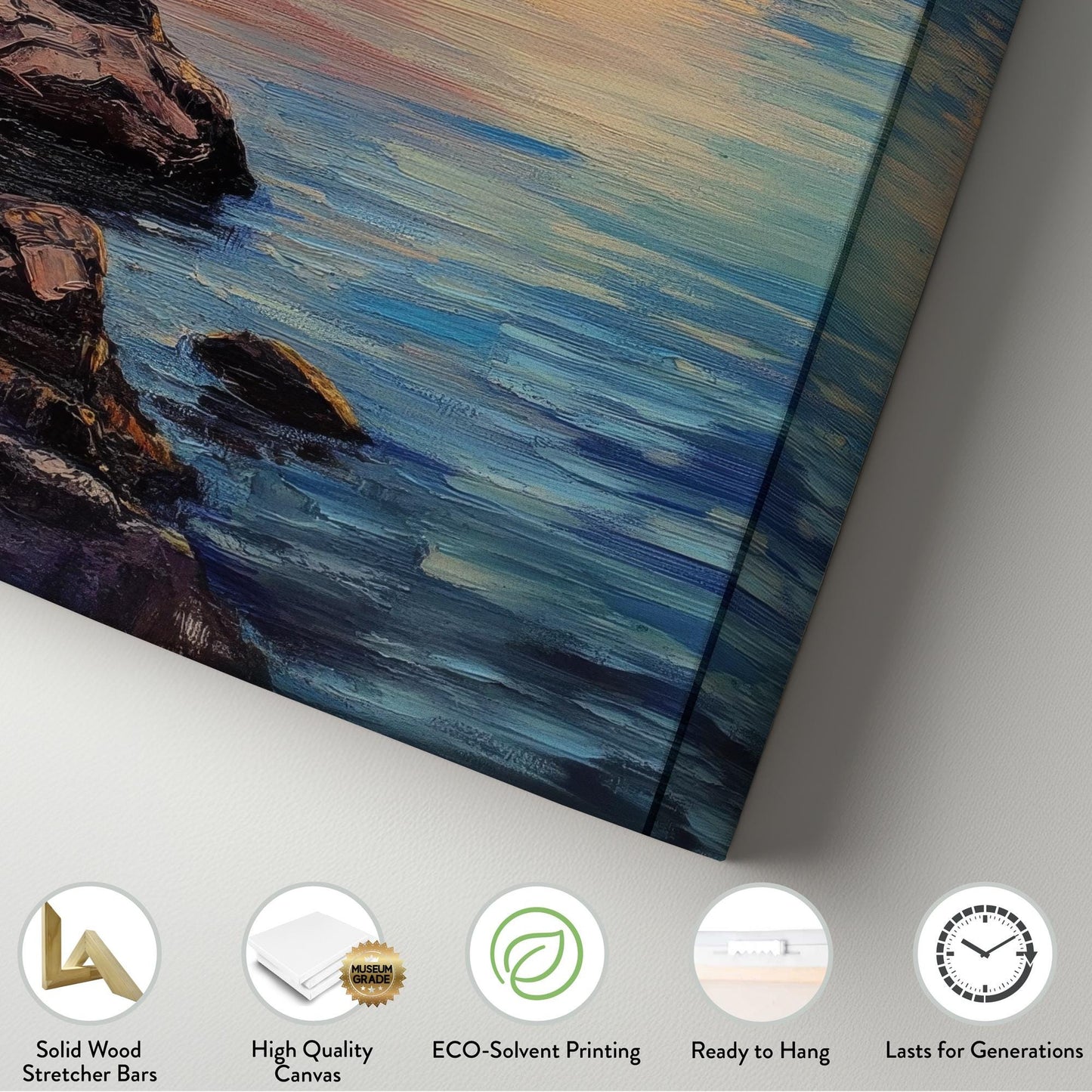 Serene Lake Sunset Canvas Art | Impasto Impressionism Print | Coastal Bohemian Wall Art For Living Room Long Vertical Art