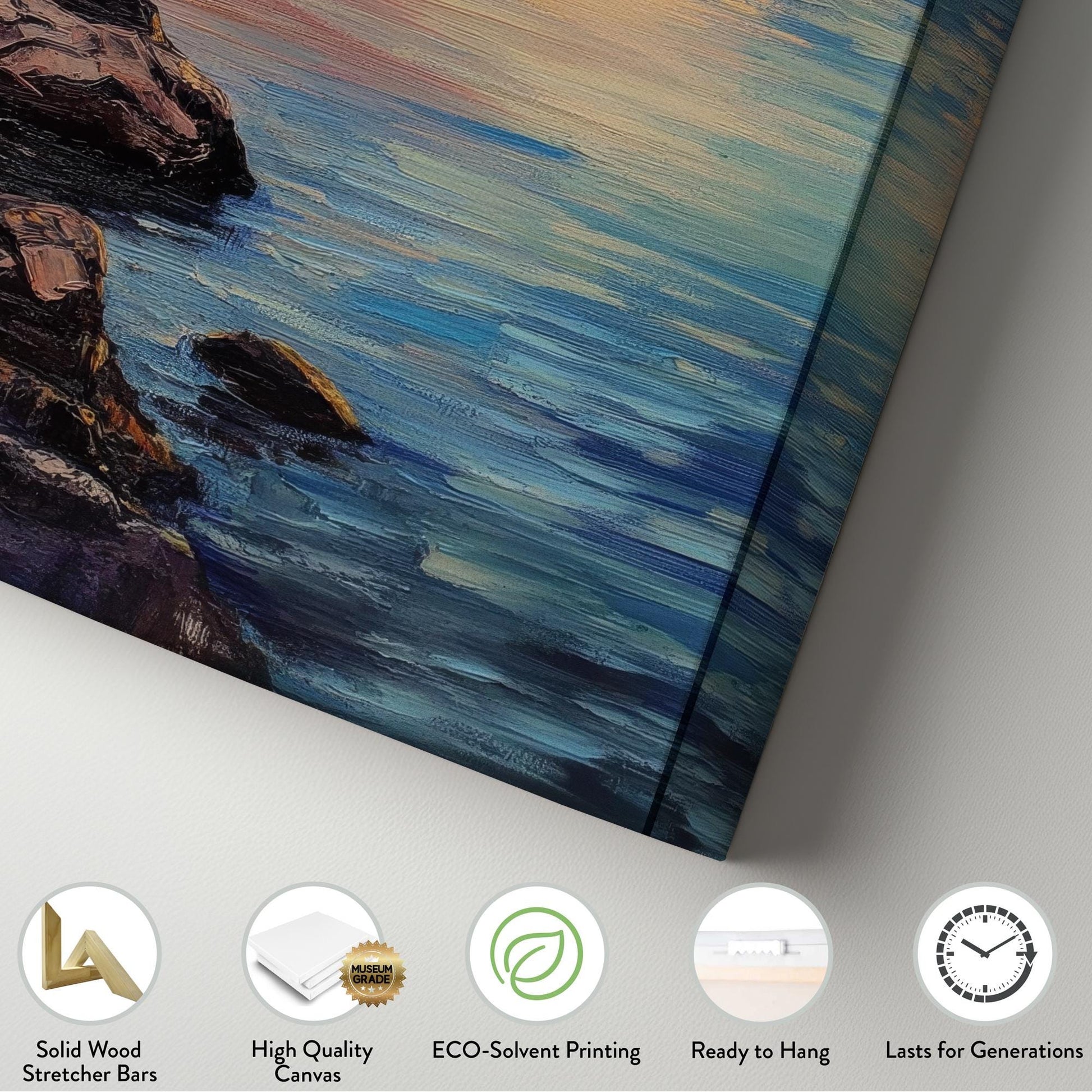 Serene Lake Sunset Canvas Art | Impasto Impressionism Print | Coastal Bohemian Wall Art For Living Room Long Vertical Art