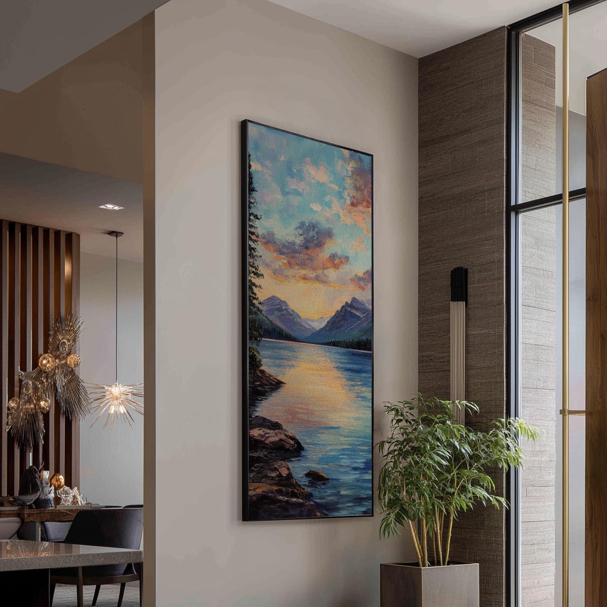 Serene Lake Sunset Canvas Art | Impasto Impressionism Print | Coastal Bohemian Wall Art For Living Room Long Vertical Art