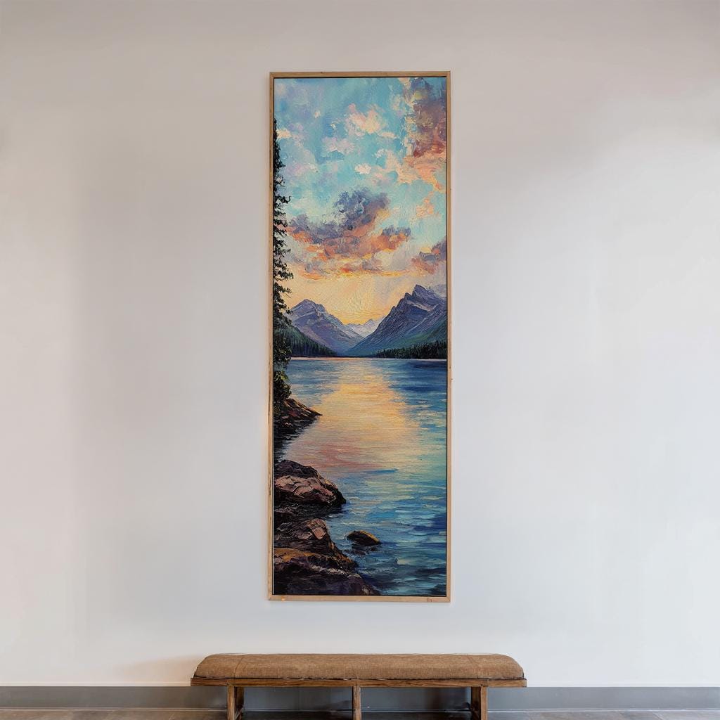 Serene Lake Sunset Canvas Art | Impasto Impressionism Print | Coastal Bohemian Wall Art For Living Room Long Vertical Art