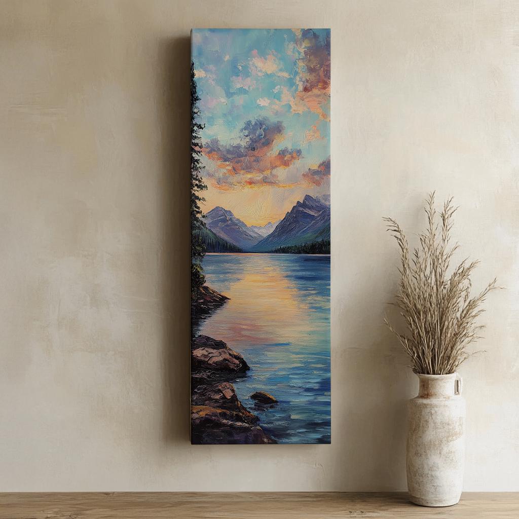 Serene Lake Sunset Canvas Art | Impasto Impressionism Print | Coastal Bohemian Wall Art For Living Room Long Vertical Art