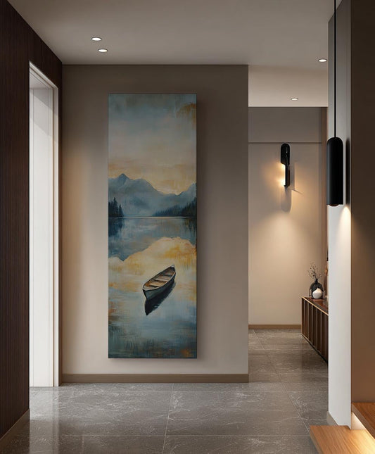 Serene Lake Rowboat Canvas Art | Impressionistic Oil Print | Tranquil Coastal Wall Art For Living Room | Smoky Quartz Art Long Vertical Art