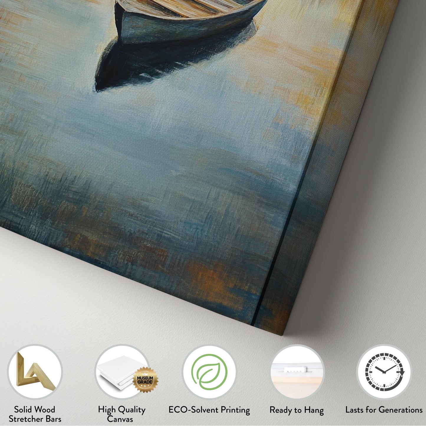 Serene Lake Rowboat Canvas Art | Impressionistic Oil Print | Tranquil Coastal Wall Art For Living Room | Smoky Quartz Art Long Vertical Art