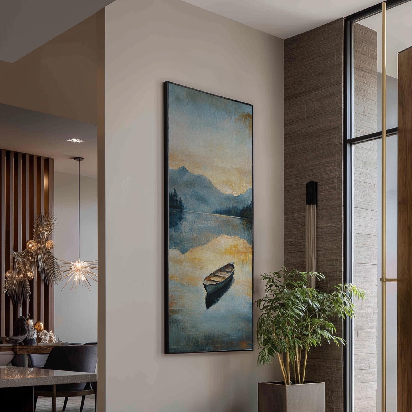 Serene Lake Rowboat Canvas Art | Impressionistic Oil Print | Tranquil Coastal Wall Art For Living Room | Smoky Quartz Art Long Vertical Art