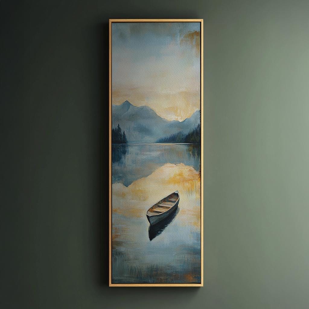 Serene Lake Rowboat Canvas Art | Impressionistic Oil Print | Tranquil Coastal Wall Art For Living Room | Smoky Quartz Art Long Vertical Art