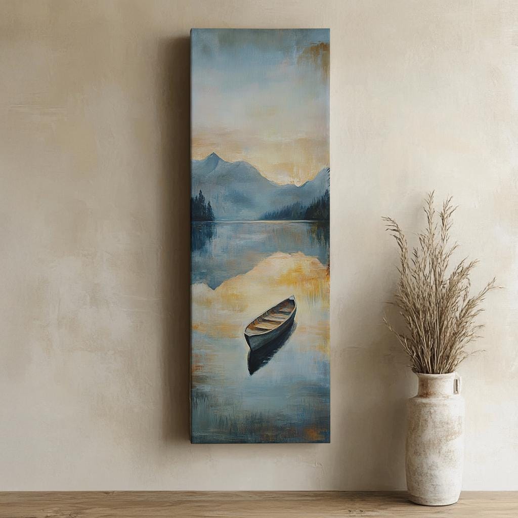 Serene Lake Rowboat Canvas Art | Impressionistic Oil Print | Tranquil Coastal Wall Art For Living Room | Smoky Quartz Art Long Vertical Art