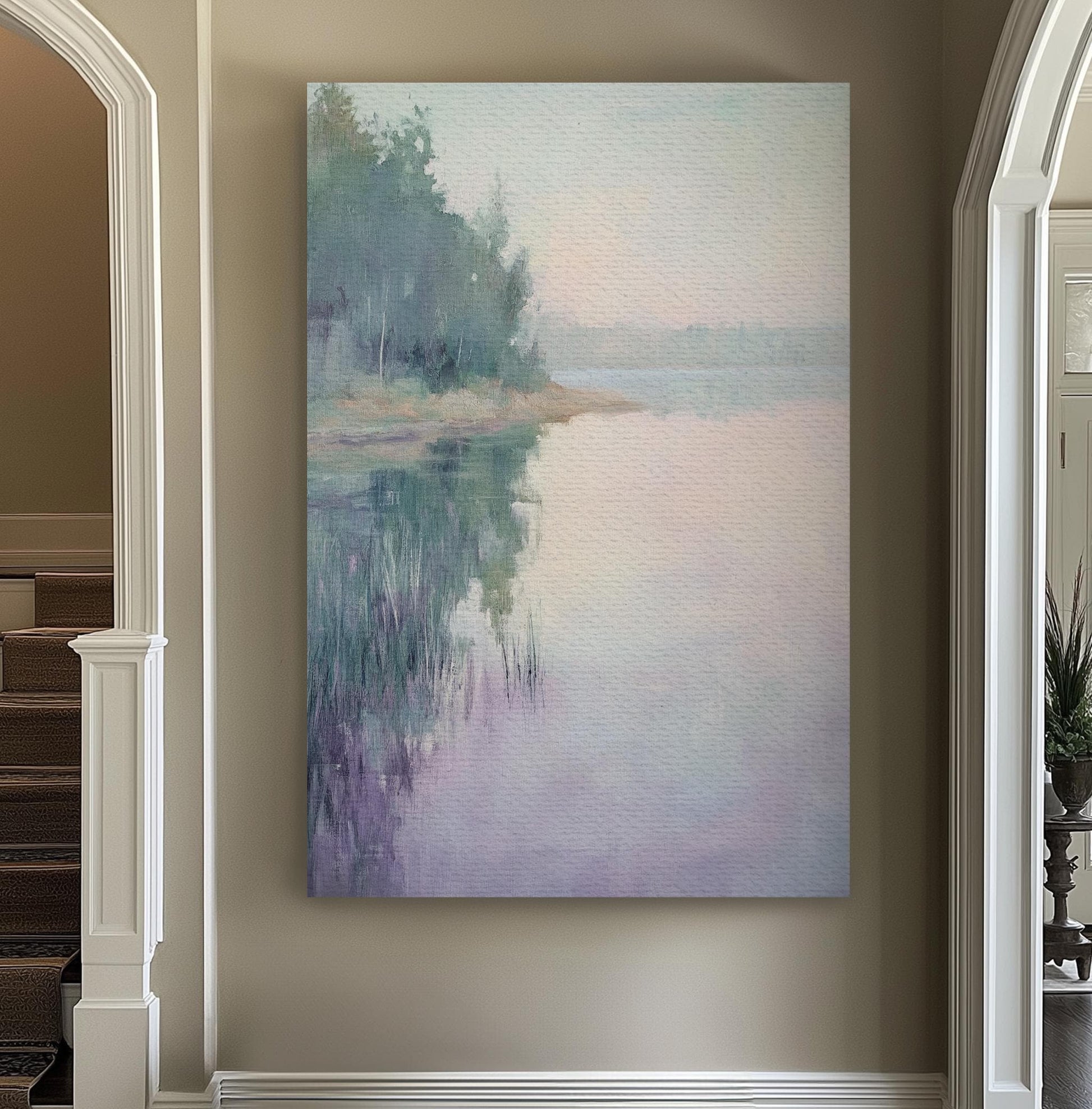 Serene Lake Reflection Canvas Art | Impressionistic Oil Print | Tranquil Coastal Wall Art For Living Room Vertical Canvas