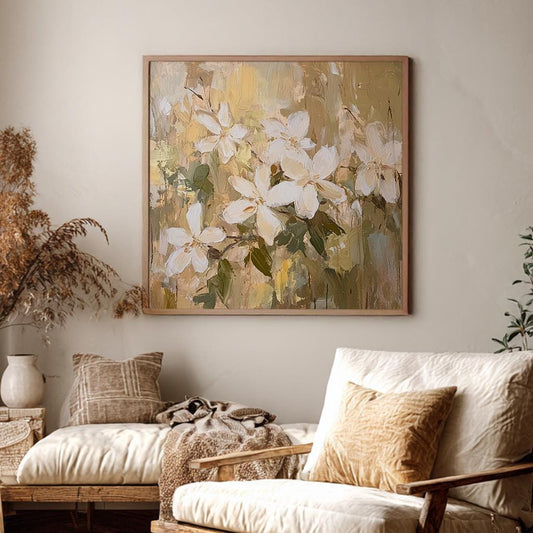 Serene Jasmine Blossom Canvas Art | Impasto Floral Print | Bohemian Wall Art For Living Room | Creamy Beige Art Square Canvas Art