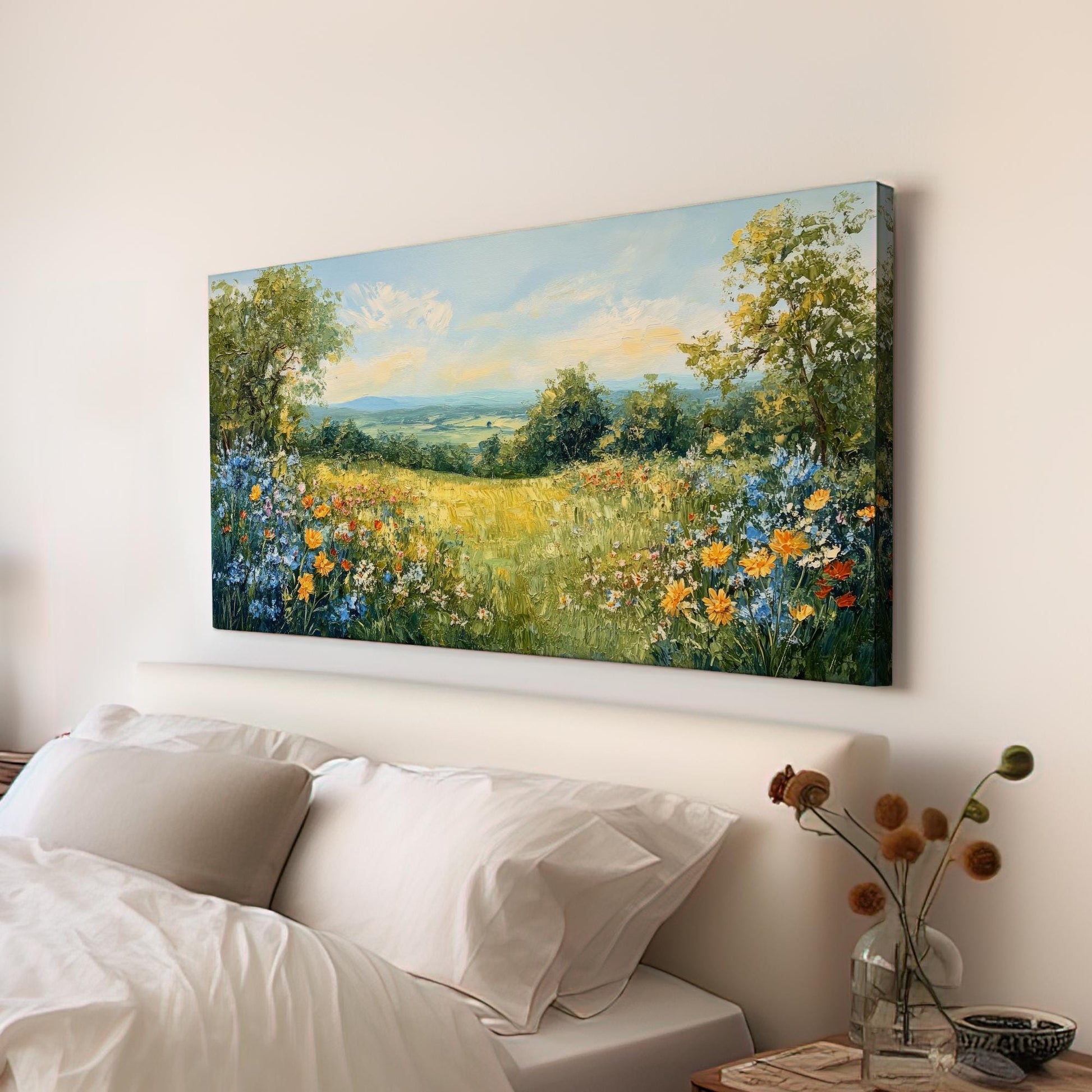 Serene Hillside Landscape Canvas Art | Impasto Floral Print | Bohemian Wall Art For Living Room | Honeycomb Wheatfield Art Horizontal Art