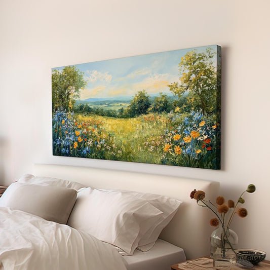 Serene Hillside Landscape Canvas Art | Impasto Floral Print | Bohemian Wall Art For Living Room | Honeycomb Wheatfield Art Horizontal Art