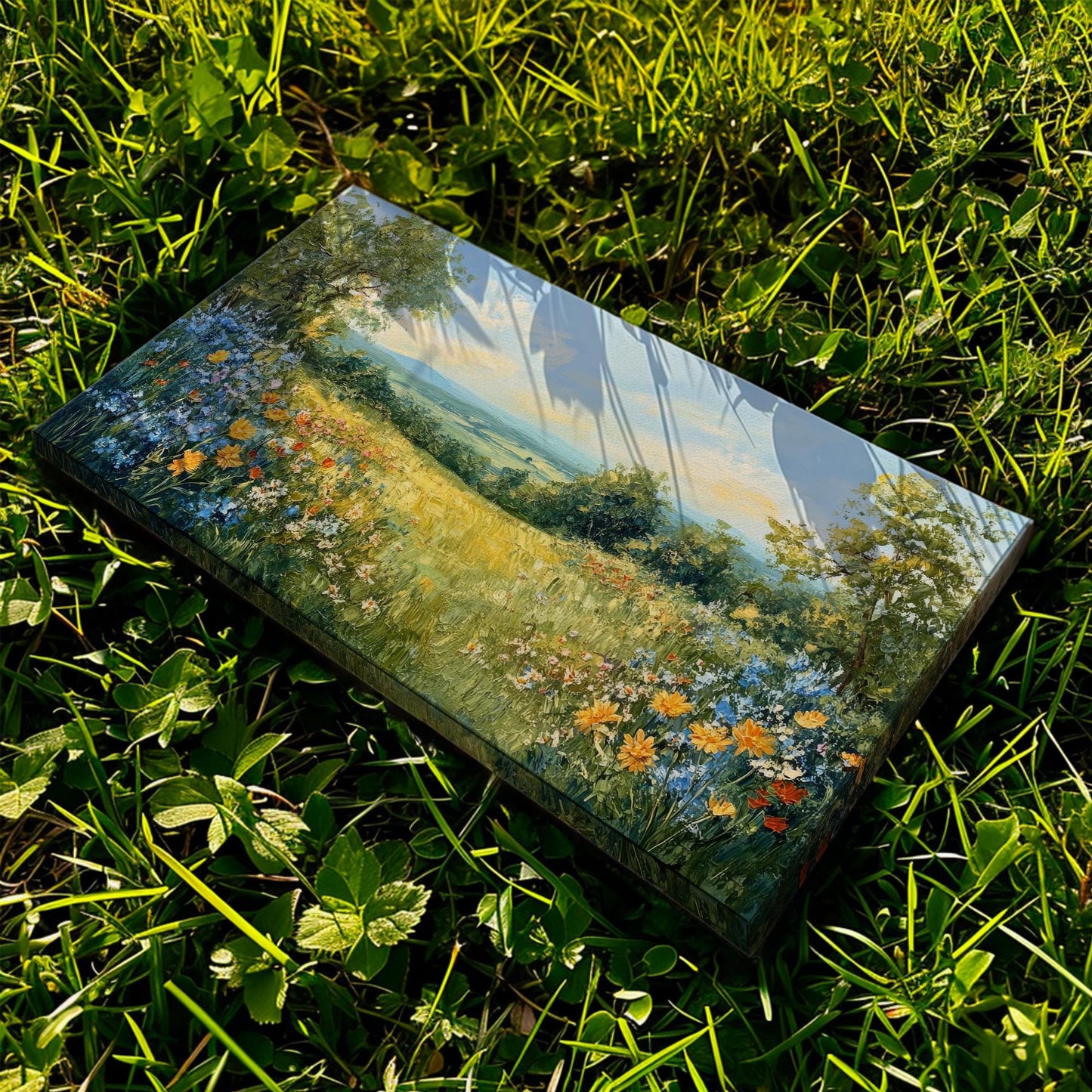 Serene Hillside Landscape Canvas Art | Impasto Floral Print | Bohemian Wall Art For Living Room | Honeycomb Wheatfield Art Horizontal Art