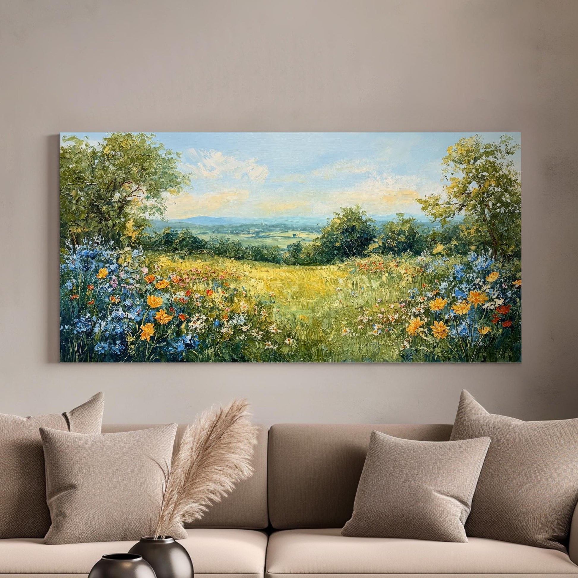Serene Hillside Landscape Canvas Art | Impasto Floral Print | Bohemian Wall Art For Living Room | Honeycomb Wheatfield Art Horizontal Art