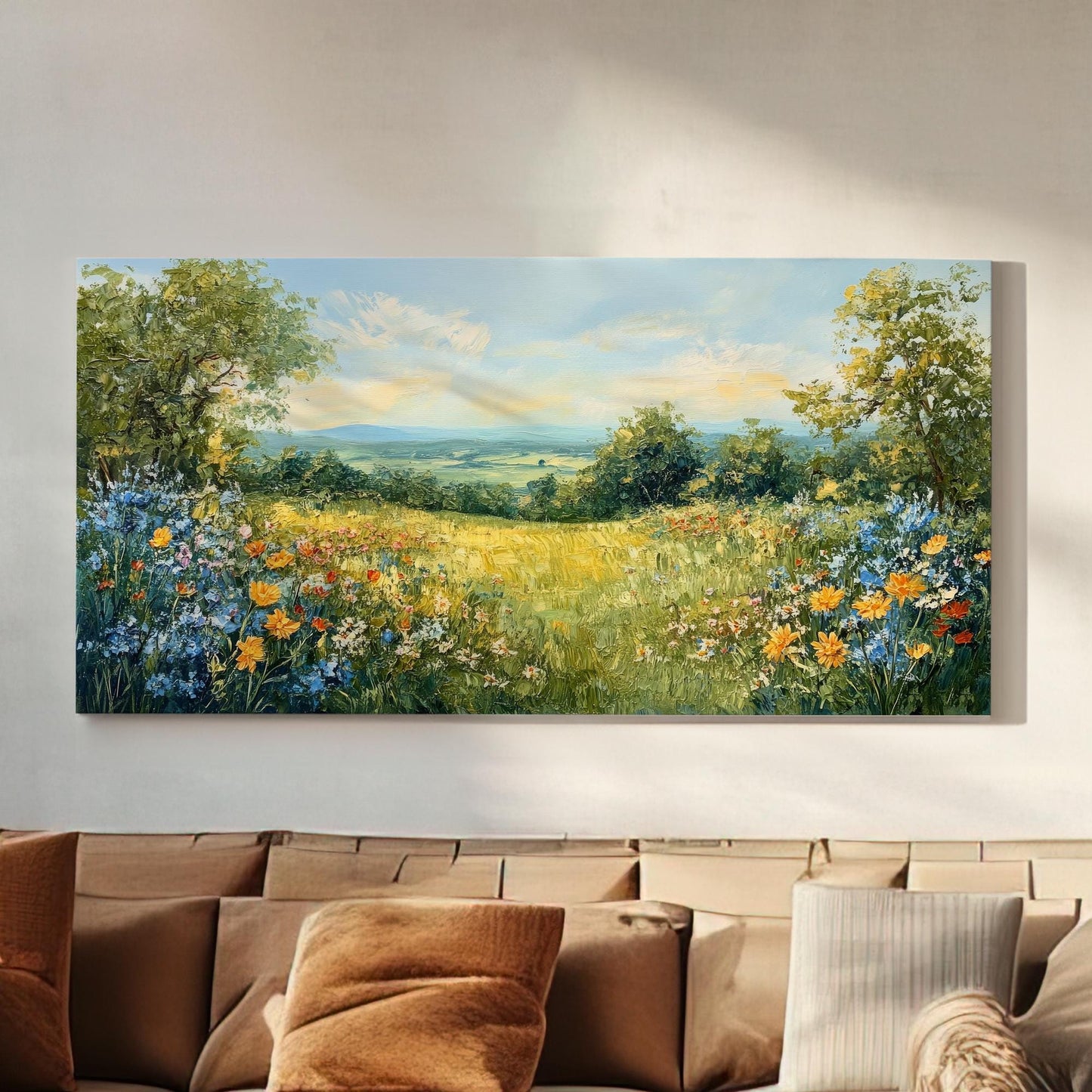 Serene Hillside Landscape Canvas Art | Impasto Floral Print | Bohemian Wall Art For Living Room | Honeycomb Wheatfield Art Horizontal Art
