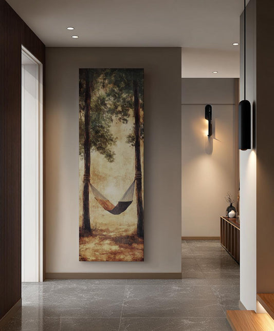 Serene Hammock Scene Canvas Art | Watercolor Wash Print | Bohemian Wall Art For Living Room | Earthy Sienna Art Long Vertical Art