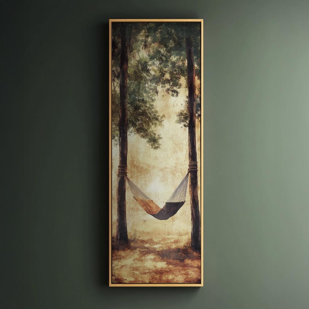 Serene Hammock Scene Canvas Art | Watercolor Wash Print | Bohemian Wall Art For Living Room | Earthy Sienna Art Long Vertical Art