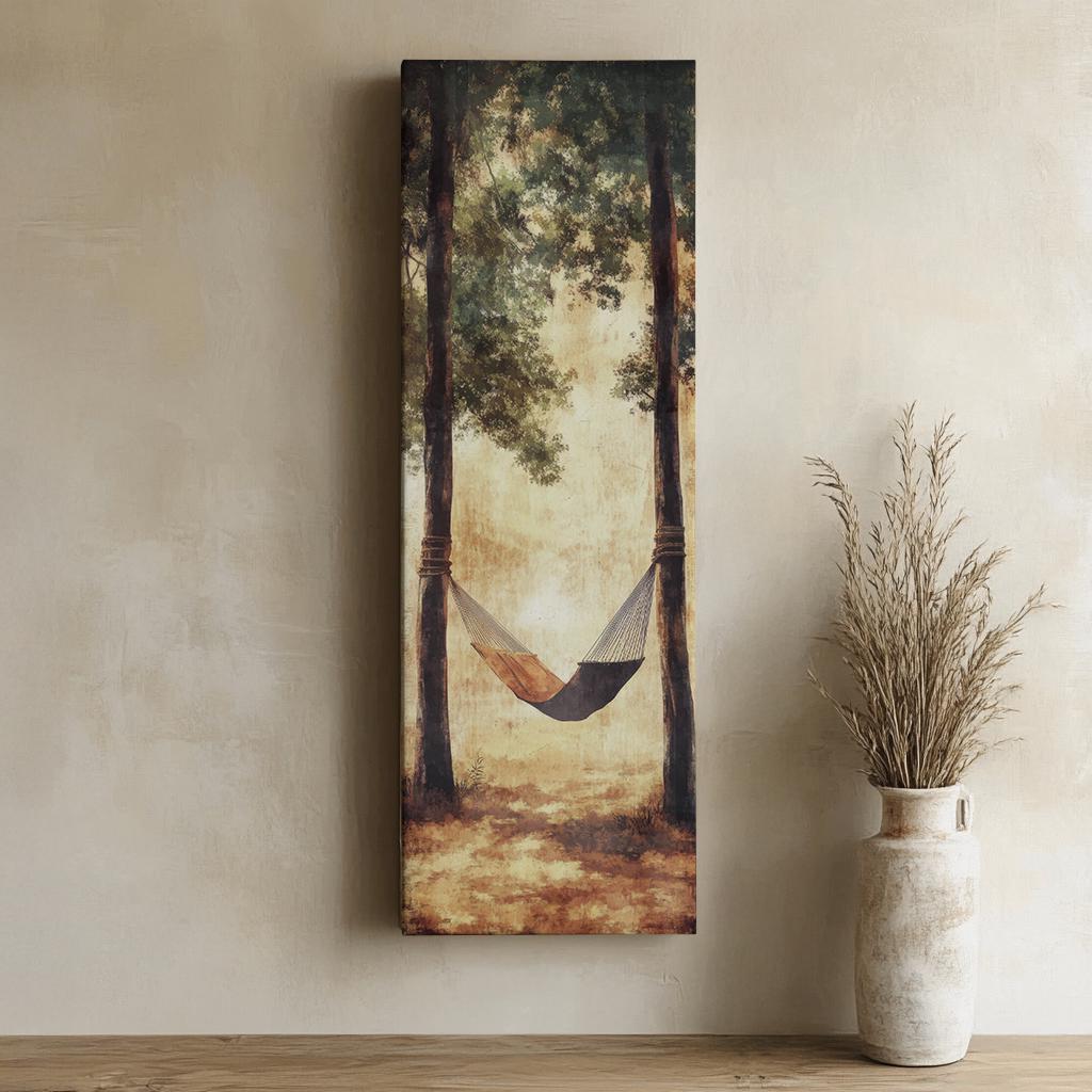 Serene Hammock Scene Canvas Art | Watercolor Wash Print | Bohemian Wall Art For Living Room | Earthy Sienna Art Long Vertical Art
