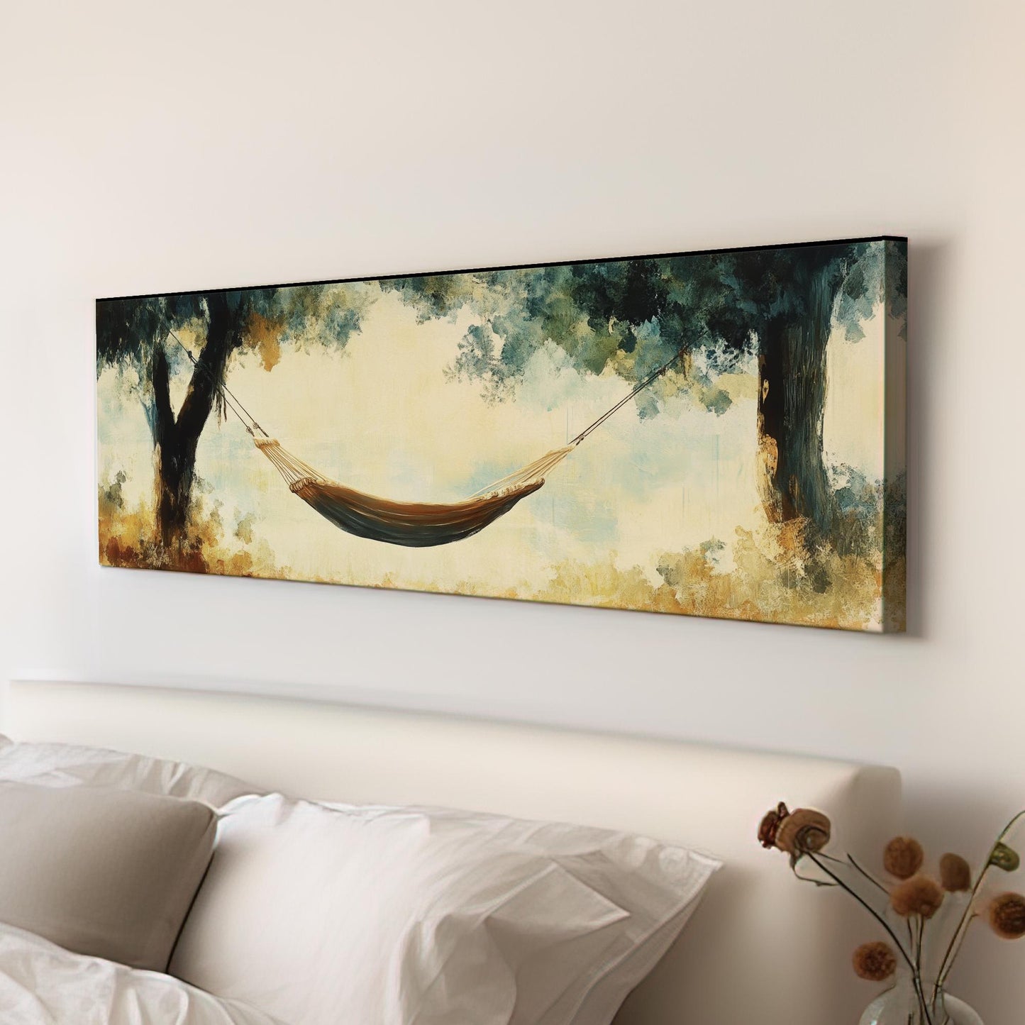 Serene Hammock Scene Canvas Art | Impasto Impressionism Print | Tranquil Bohemian Wall Art For Bedroom Panoramic Wall Art