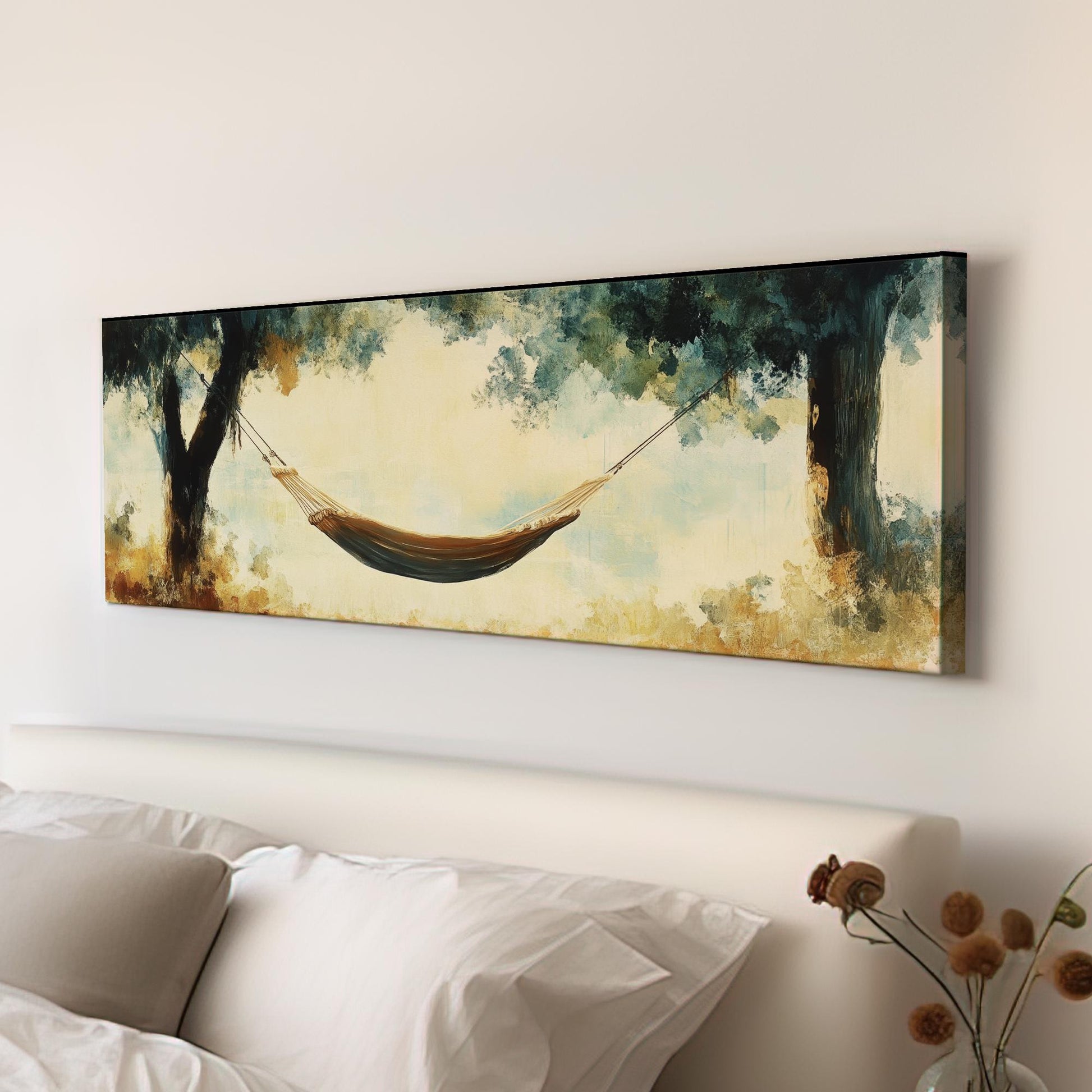 Serene Hammock Scene Canvas Art | Impasto Impressionism Print | Tranquil Bohemian Wall Art For Bedroom Panoramic Wall Art
