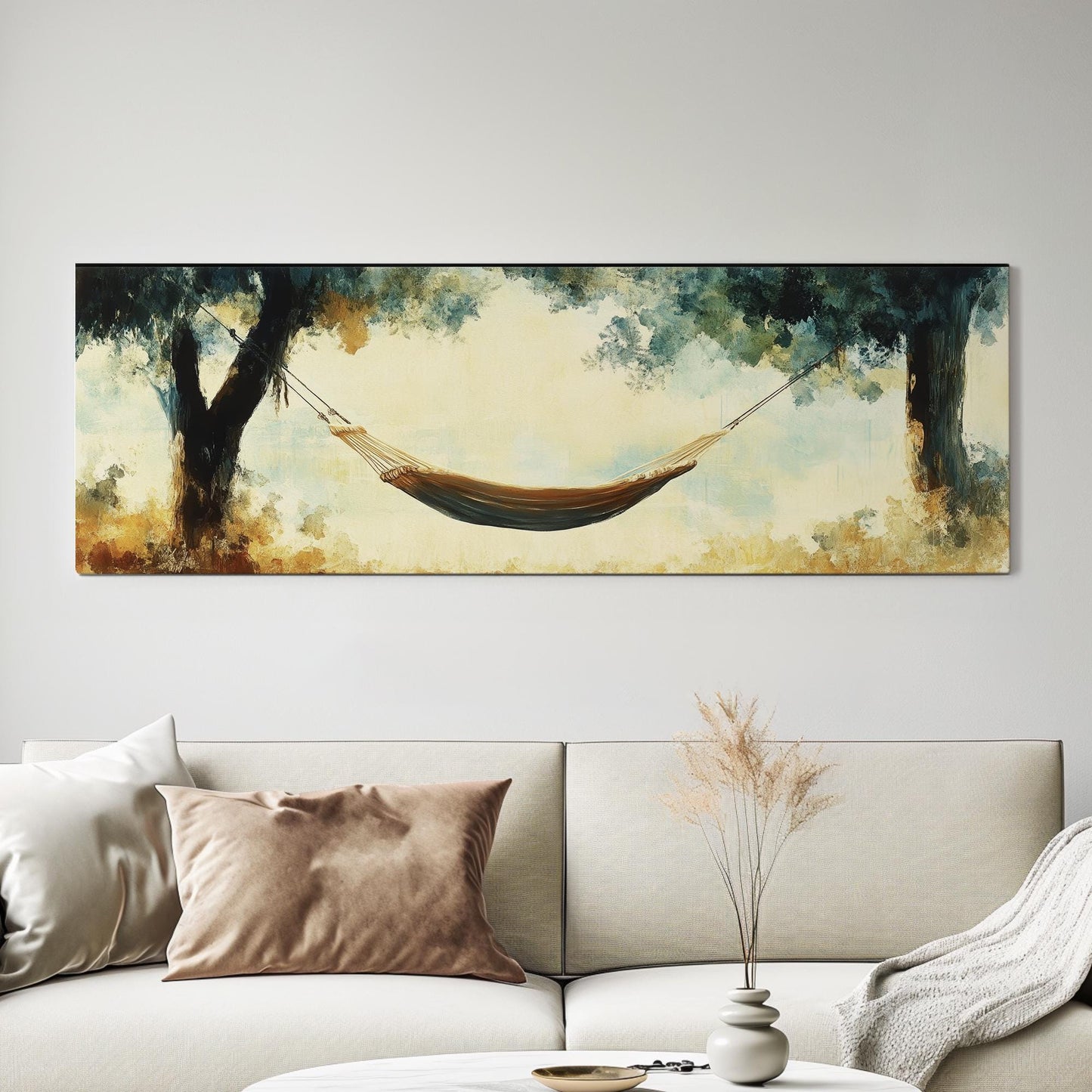 Serene Hammock Scene Canvas Art | Impasto Impressionism Print | Tranquil Bohemian Wall Art For Bedroom Panoramic Wall Art