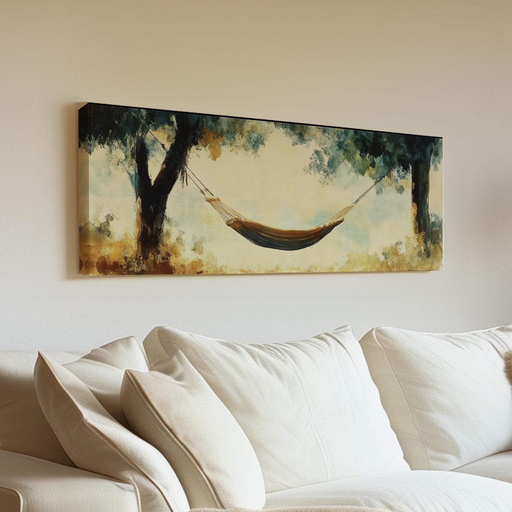 Serene Hammock Scene Canvas Art | Impasto Impressionism Print | Tranquil Bohemian Wall Art For Bedroom Panoramic Wall Art