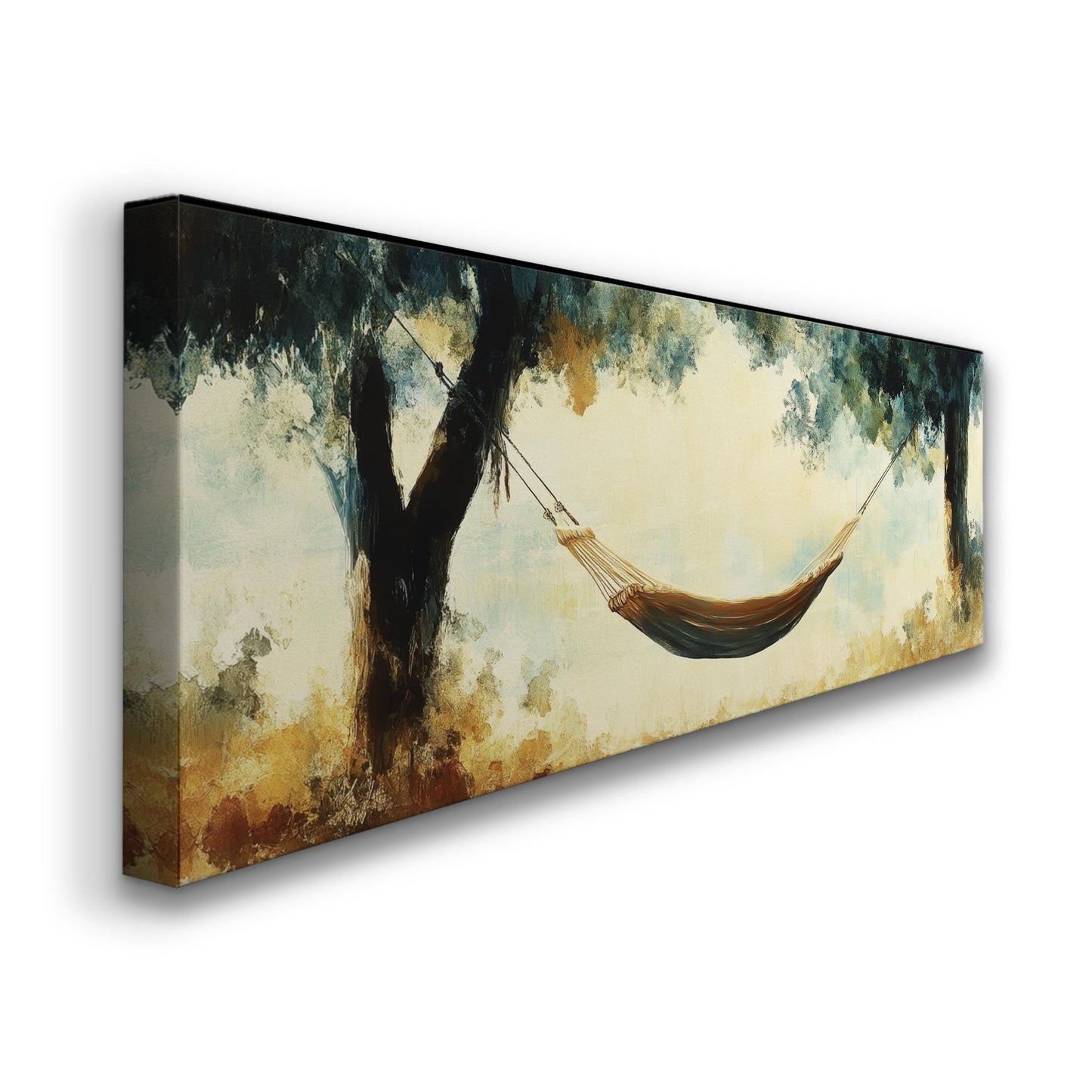 Serene Hammock Scene Canvas Art | Impasto Impressionism Print | Tranquil Bohemian Wall Art For Bedroom Panoramic Wall Art