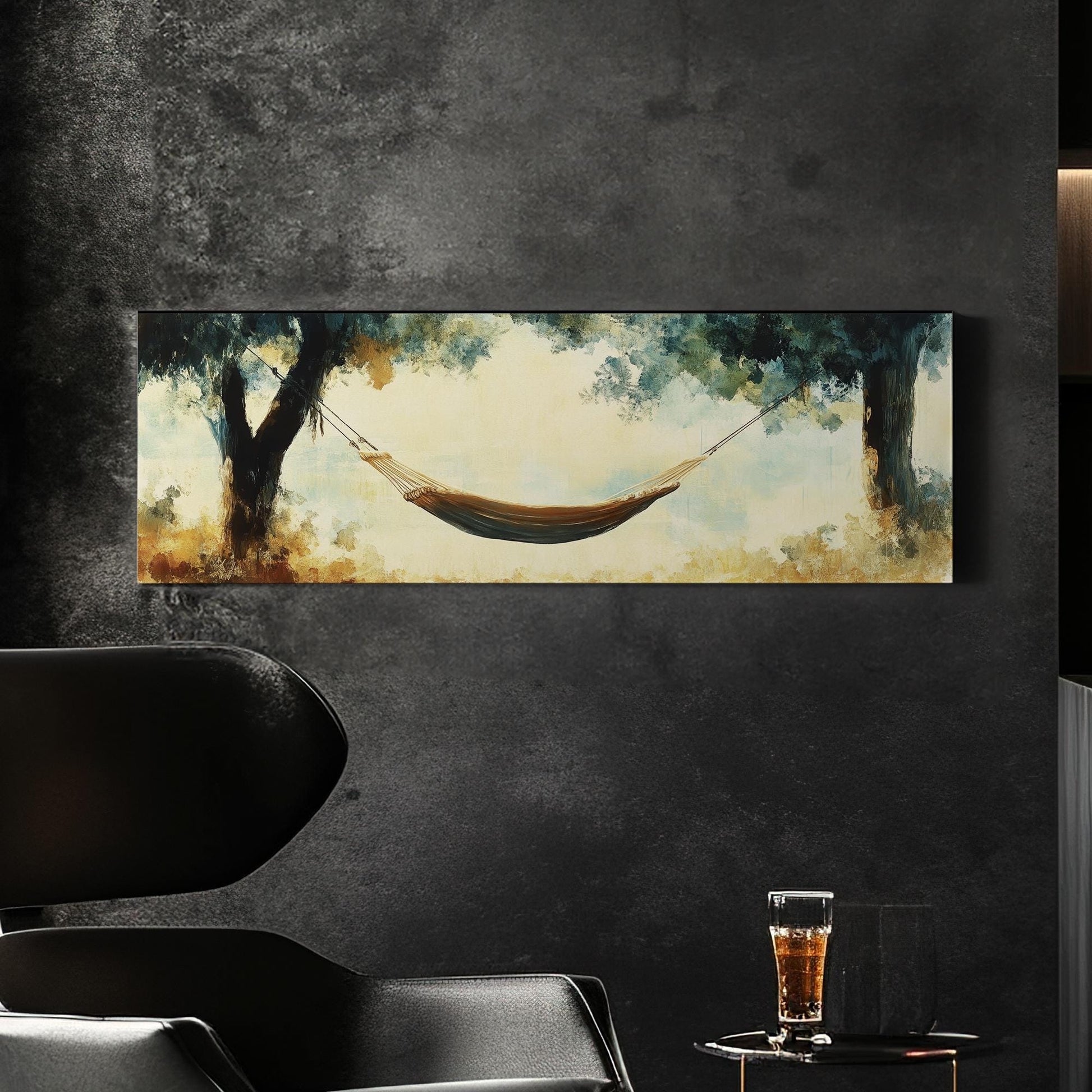 Serene Hammock Scene Canvas Art | Impasto Impressionism Print | Tranquil Bohemian Wall Art For Bedroom Panoramic Wall Art