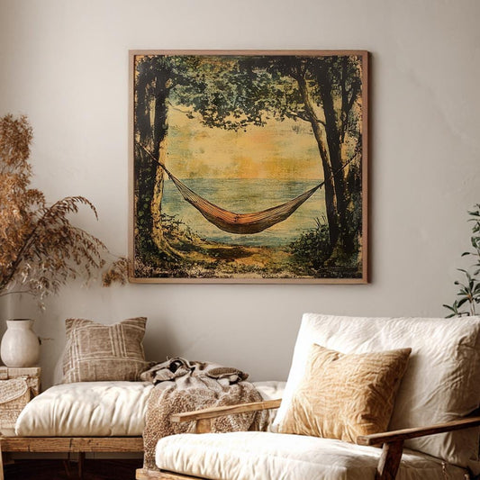 Serene Hammock Coastal Canvas Art | Textured Impressionist Print | Coastal Bohemian Wall Art For Bedroom Square Canvas Art