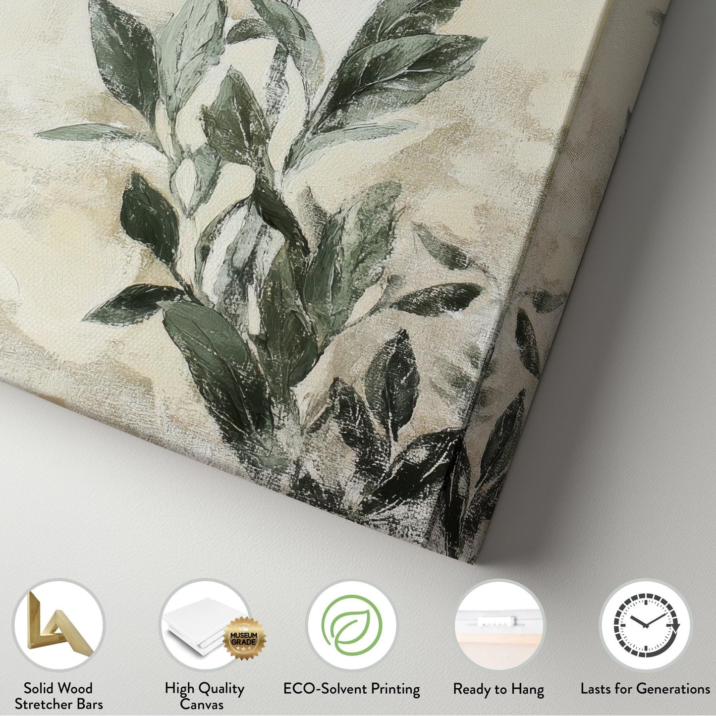 Serene Greenery Canvas Art | Impasto Botanical Print | Tranquil Spa Wall Art For Living Room | Sage Green and Oyster Art Long Vertical Art