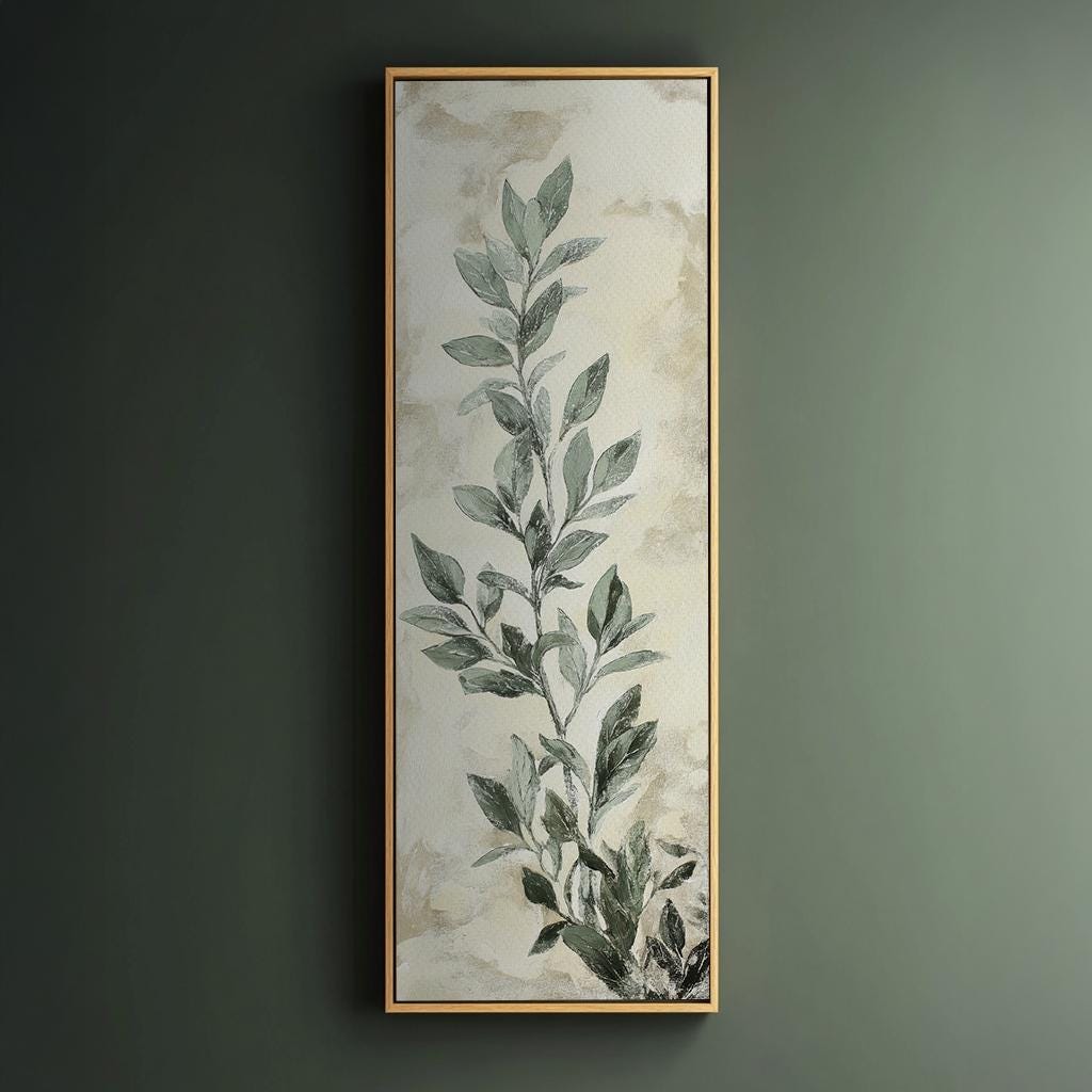 Serene Greenery Canvas Art | Impasto Botanical Print | Tranquil Spa Wall Art For Living Room | Sage Green and Oyster Art Long Vertical Art