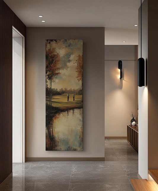 Serene Golf Course Canvas Art | Impasto Print | Transitional Wall Art For Living Room | Taupe Sage Green Art Long Vertical Art