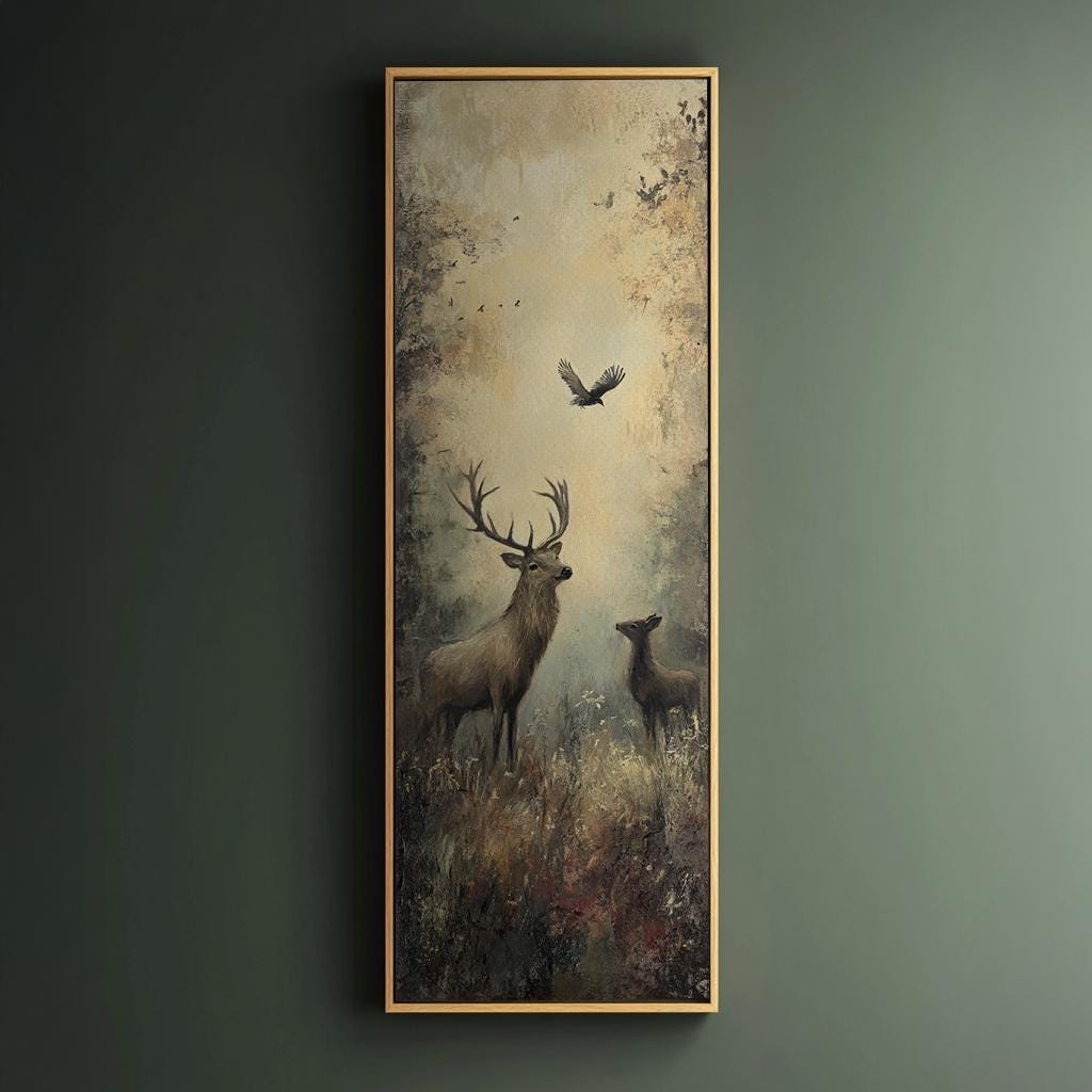 Serene Forest Stag Canvas Art | Impasto Painting Print | Transitional Wall Art For Living Room | Warm Taupe Olive Art Long Vertical Art