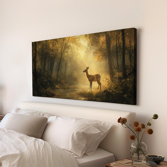 Serene Forest Fawn Canvas Art | Impressionist Painting Print | Tranquil Spa Wall Art For Living Room | Warm Honeycomb Art Horizontal Art