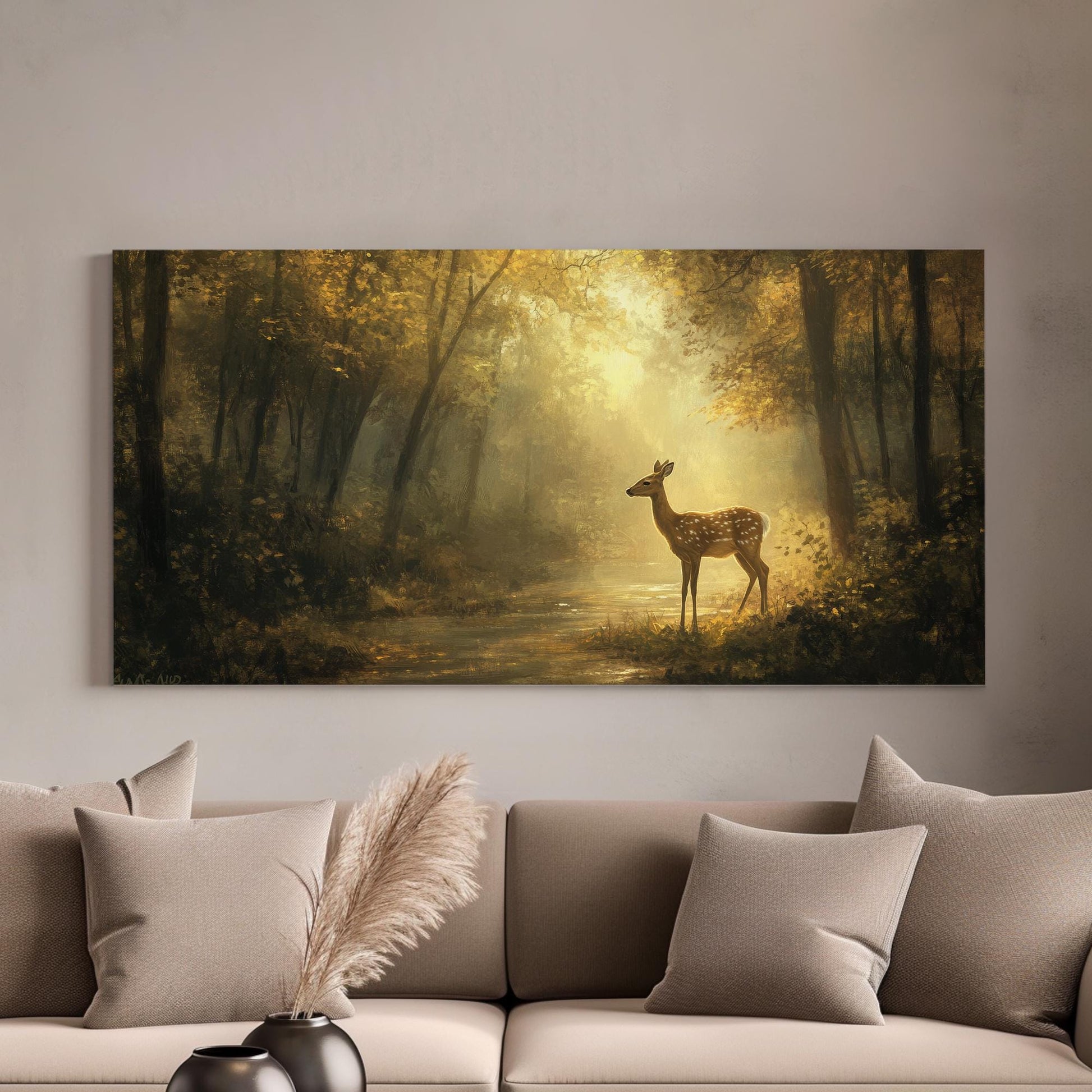 Serene Forest Fawn Canvas Art | Impressionist Painting Print | Tranquil Spa Wall Art For Living Room | Warm Honeycomb Art Horizontal Art