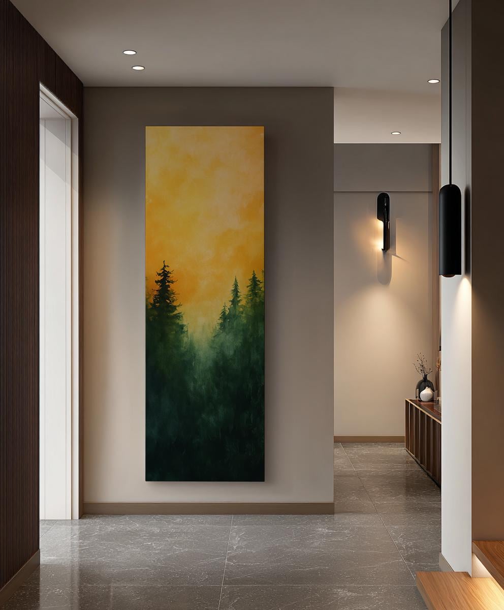 Serene Forest Canvas Art | Impasto Watercolor Print | Biophilic Wall Art For Living Room | Golden Hour Amber Art Long Vertical Art