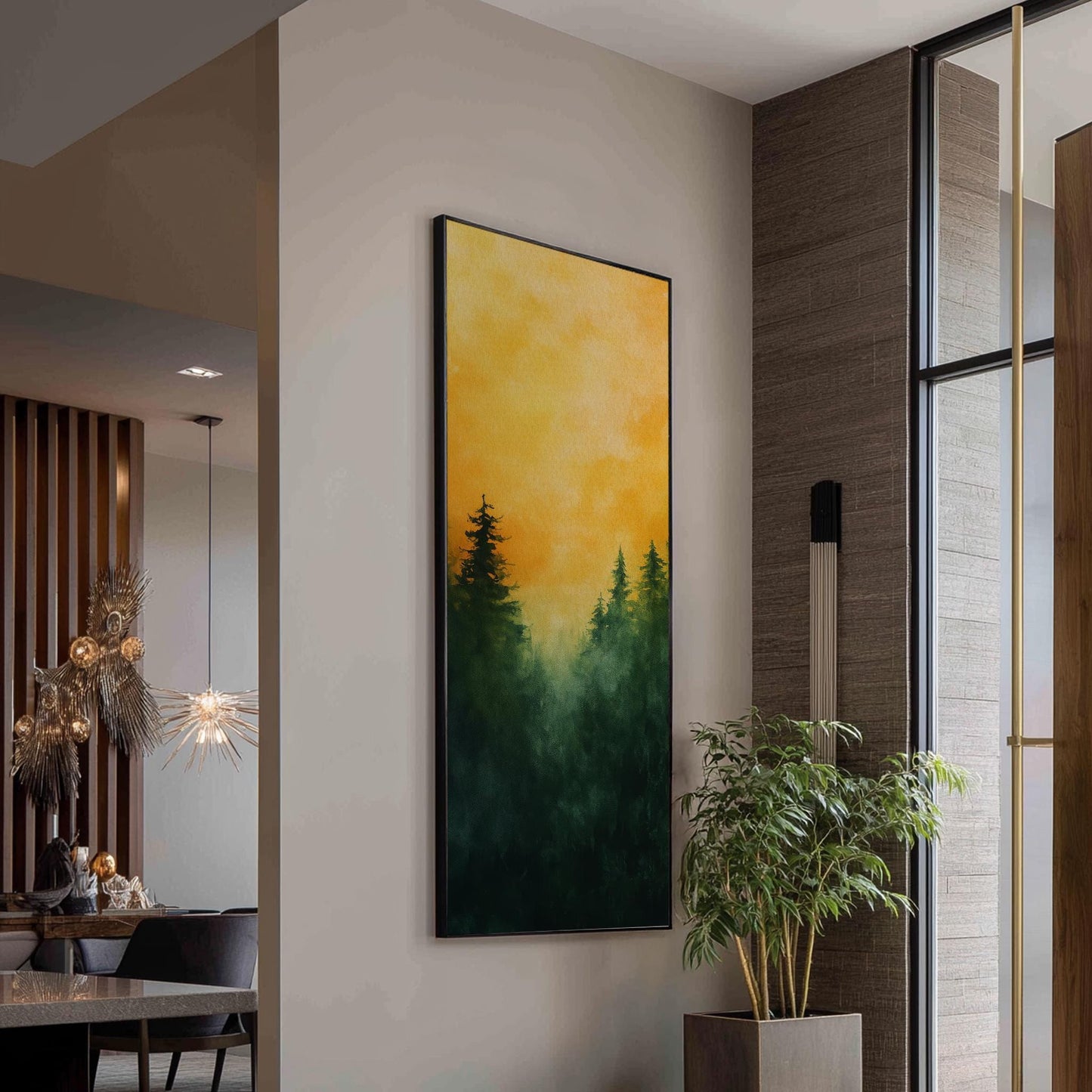 Serene Forest Canvas Art | Impasto Watercolor Print | Biophilic Wall Art For Living Room | Golden Hour Amber Art Long Vertical Art