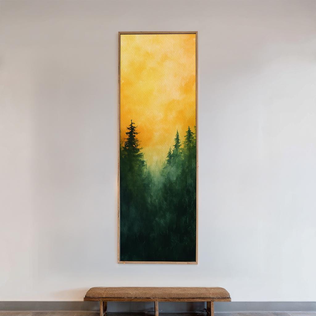 Serene Forest Canvas Art | Impasto Watercolor Print | Biophilic Wall Art For Living Room | Golden Hour Amber Art Long Vertical Art