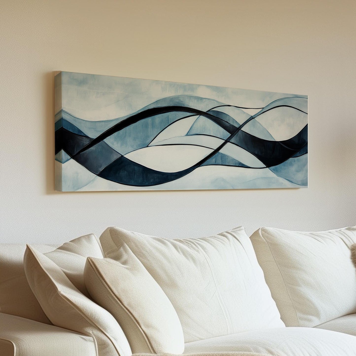 Serene Flow Canvas Art | Abstract Expressionist Print | Biophilic Wall Art For Living Room | Celestial Blue Art Panoramic Wall Art