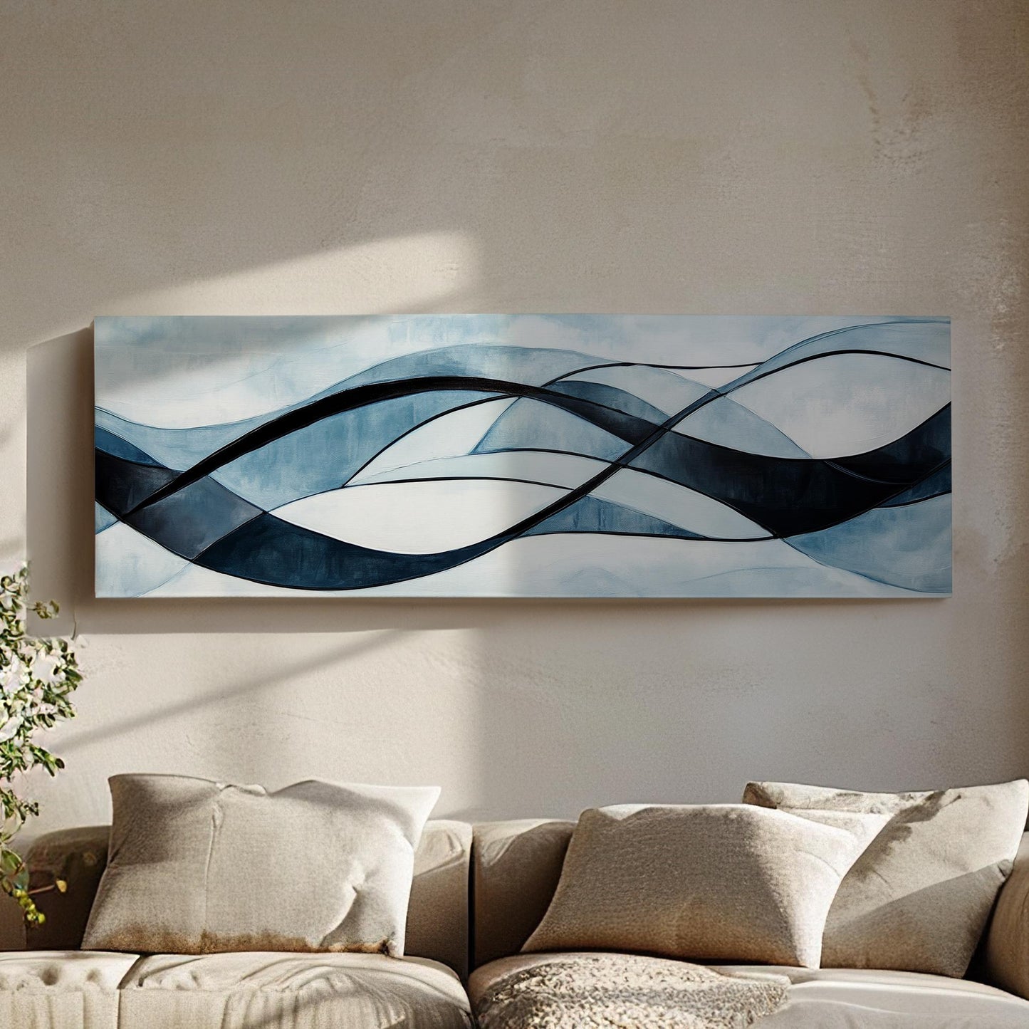 Serene Flow Canvas Art | Abstract Expressionist Print | Biophilic Wall Art For Living Room | Celestial Blue Art Panoramic Wall Art